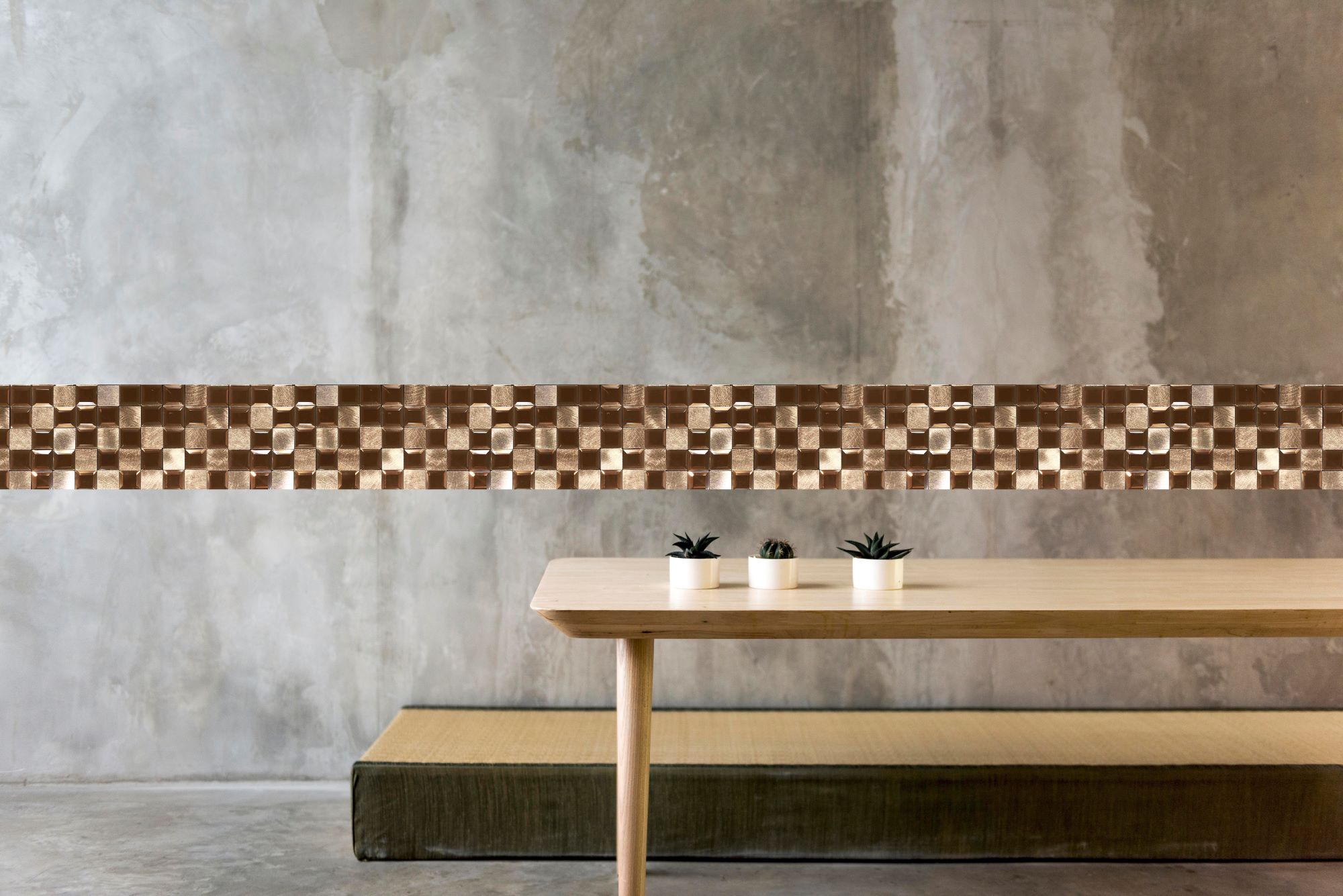 Malla o mosaico decorativo adherible de vidrio y aluminio BER, medida 30 X 30 cms. (base por altura). Diseño en tonos café. Caja de 5 piezas.