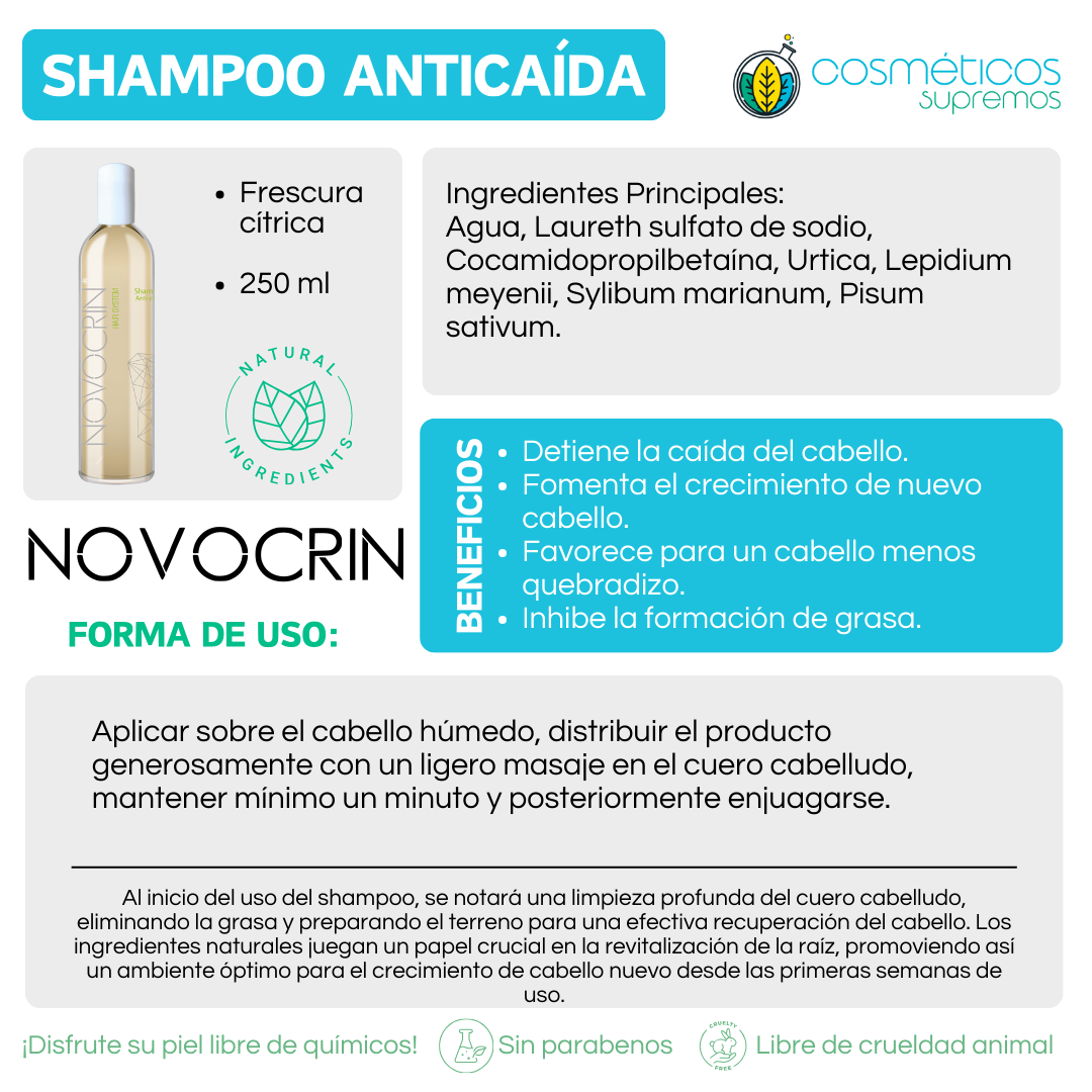 Tratamiento capilar / Tratamiento calipar, Promotor del crecimiento del cabello, evita la caida, Inhibe la formación de grasa, Sin efectos secundarios / NOVOCRIN / Loción + Shampoo, Tratamiento capilar, Inhibe formación de grasa, prolonga el ciclo de vida del cabello con biotecnología - 250 + 100 ml  / 3 pzs