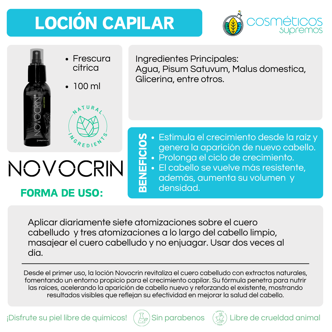 Tratamiento capilar / Tratamiento calipar, Promotor del crecimiento del cabello, evita la caida, Inhibe la formación de grasa, Sin efectos secundarios / NOVOCRIN / Loción + Shampoo, Tratamiento capilar, Inhibe formación de grasa, prolonga el ciclo de vida del cabello con biotecnología - 250 + 100 ml  / 3 pzs
