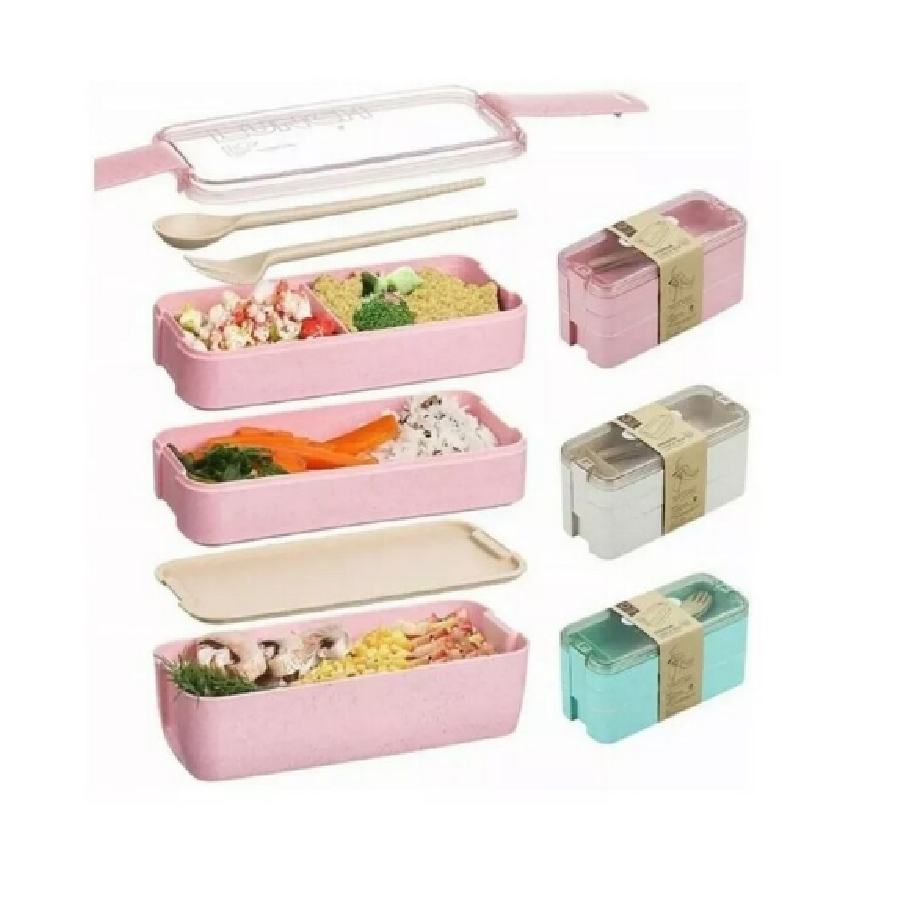 Lunch Box Tupper Rosa Fiambrera de 3 niveles con cubiertos 900 ml