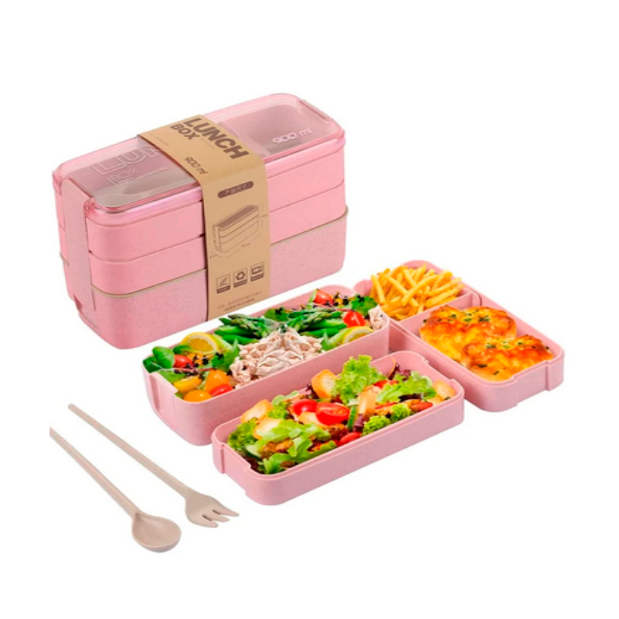 Lunch Box Tupper Rosa Fiambrera de 3 niveles con cubiertos 900 ml
