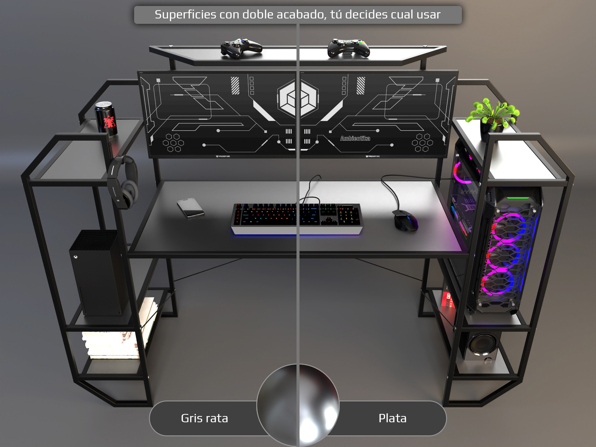 Desk-Top Modelo H Escritorio gamer marca Ambientika (Silver).