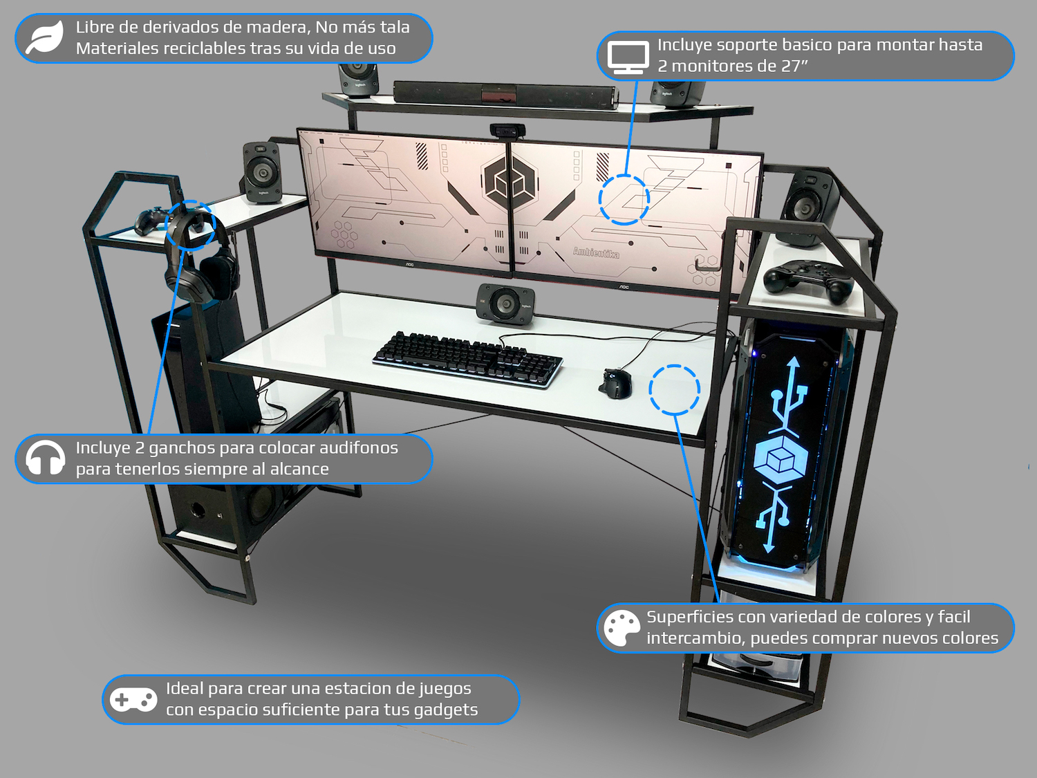 Desk-Top Modelo H Escritorio gamer marca Ambientika (Silver).