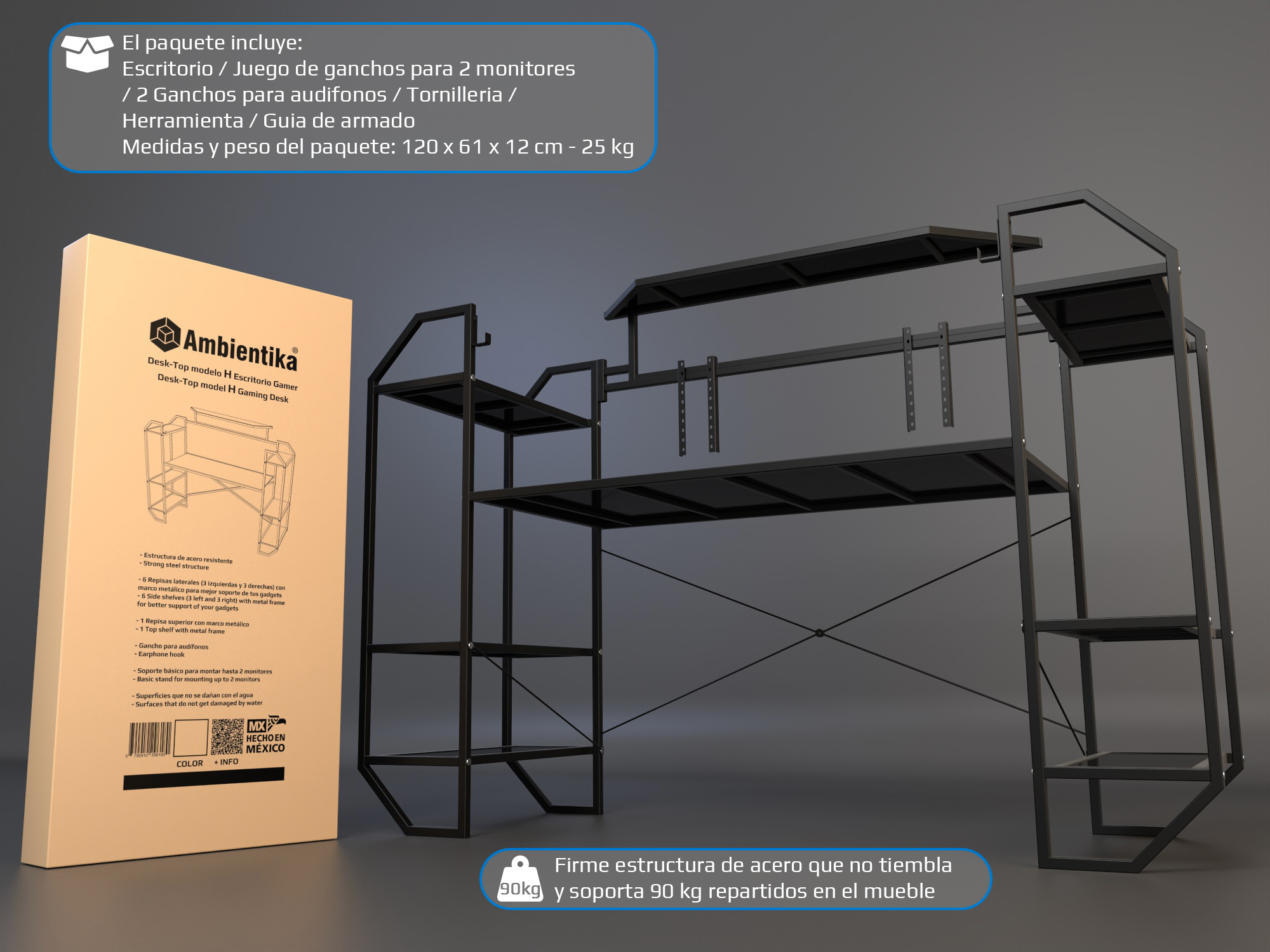 Desk-Top Modelo H Escritorio gamer marca Ambientika (White).