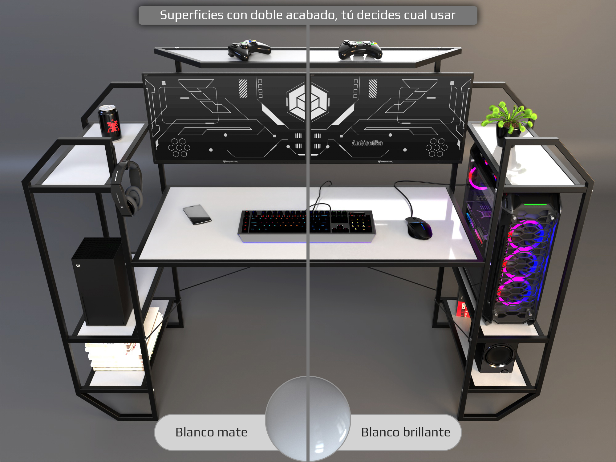 Desk-Top Modelo H Escritorio gamer marca Ambientika (White).