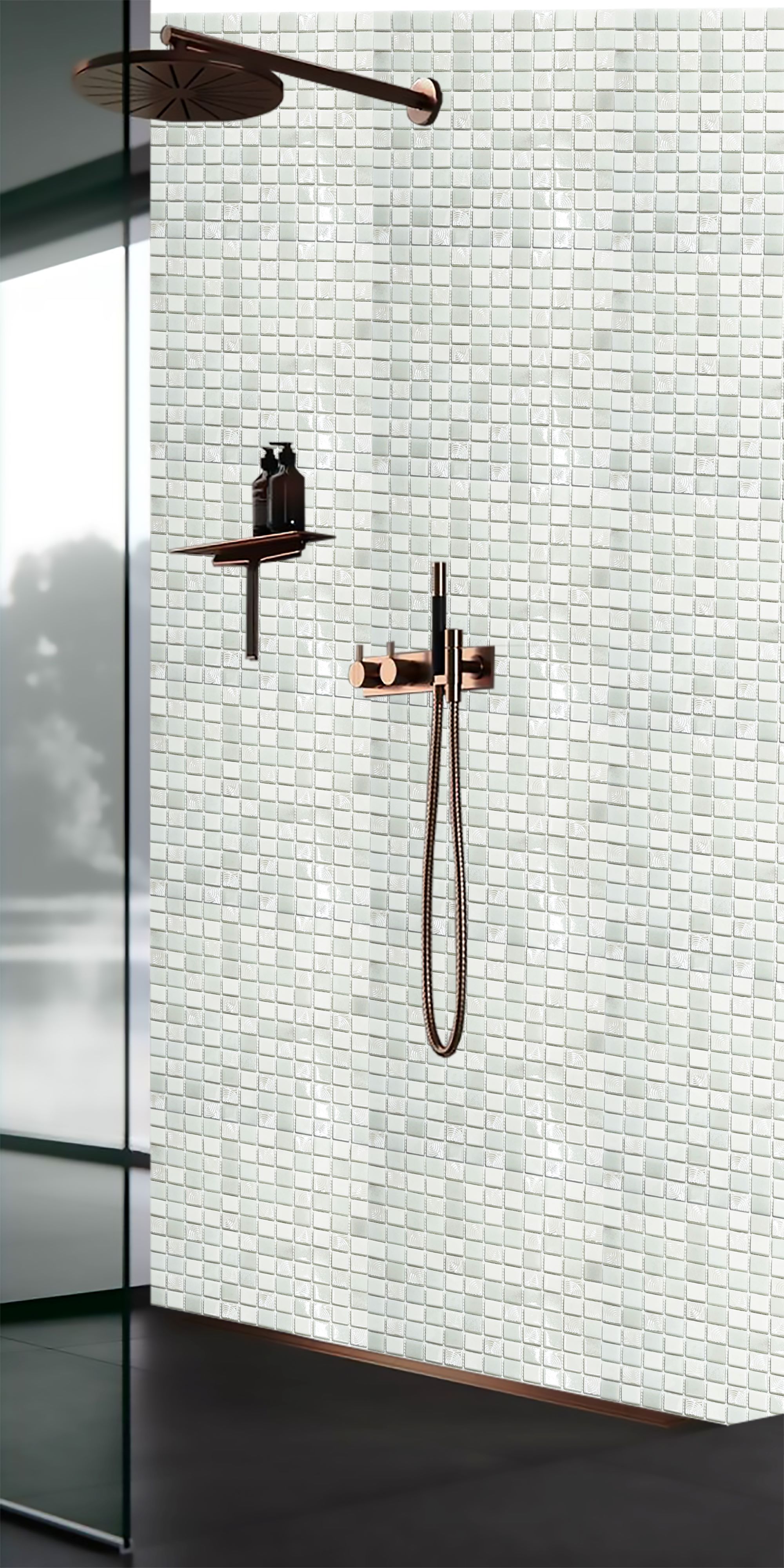 Malla o Mosaico Decorativo de vidrio MI, medida 30 x 30 cms. (base por altura). Diseño en tono blanco texturizado con detalles en relieve. Caja de 5 piezas..