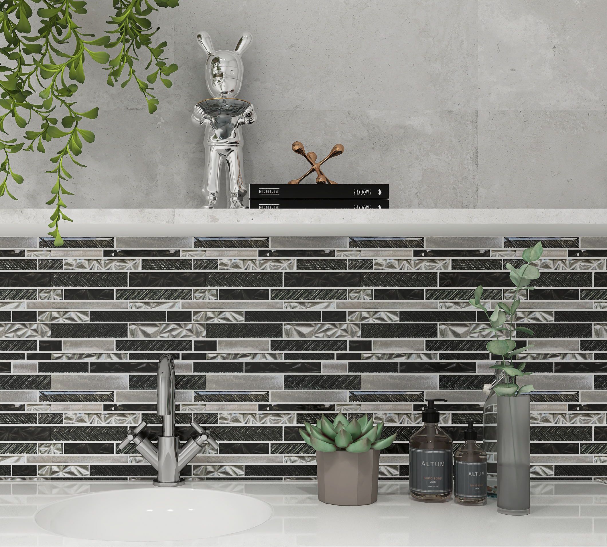 Malla o Mosaico Decorativo de vidrio NA, medida 30 x 30 cms. (base por altura). Diseño en tonos plata y gris con detalles en relieve. Caja de 5 piezas.