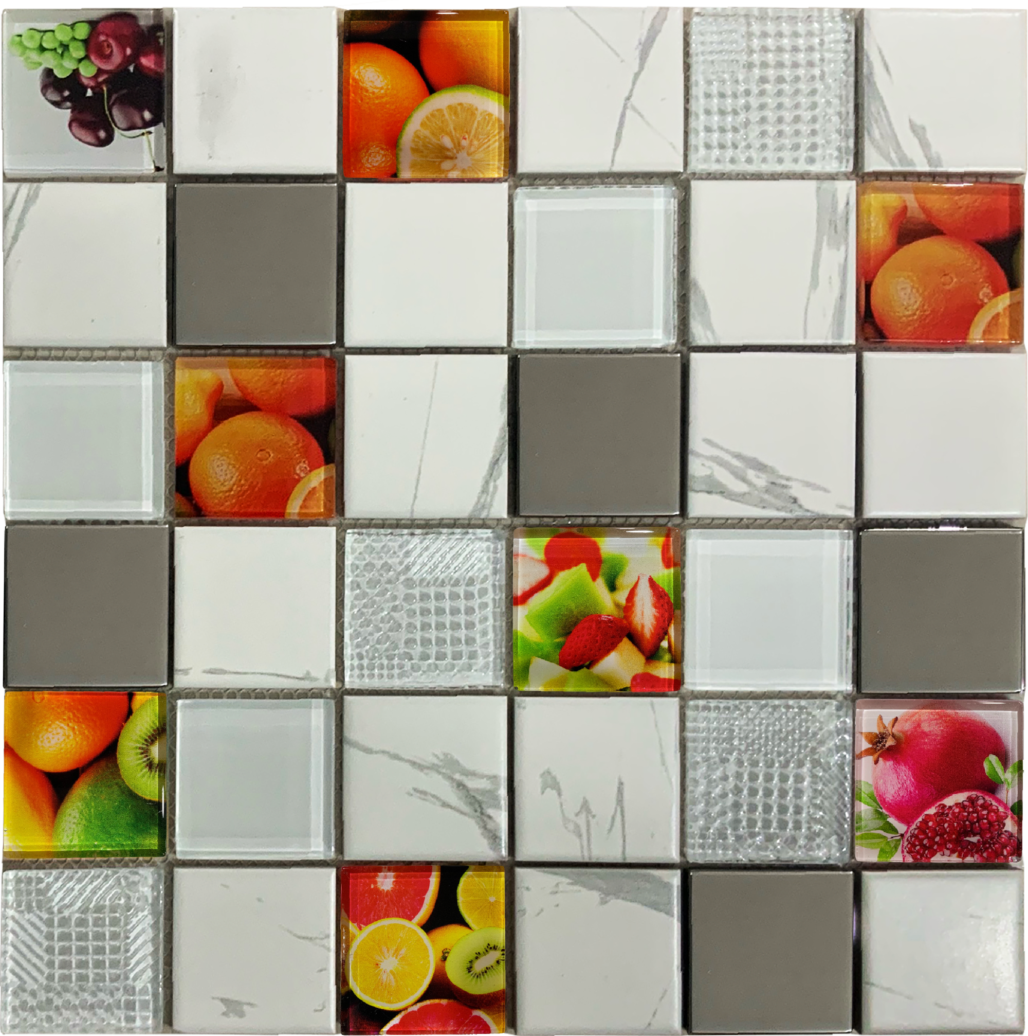 Malla o Mosaico Decorativo de vidrio y metal FRU,  medida 30 x 30 cms. (base por altura). Diseño en color blanco marmoleado con imágenes de frutas y detalles en relieve. Caja de 5 piezas.