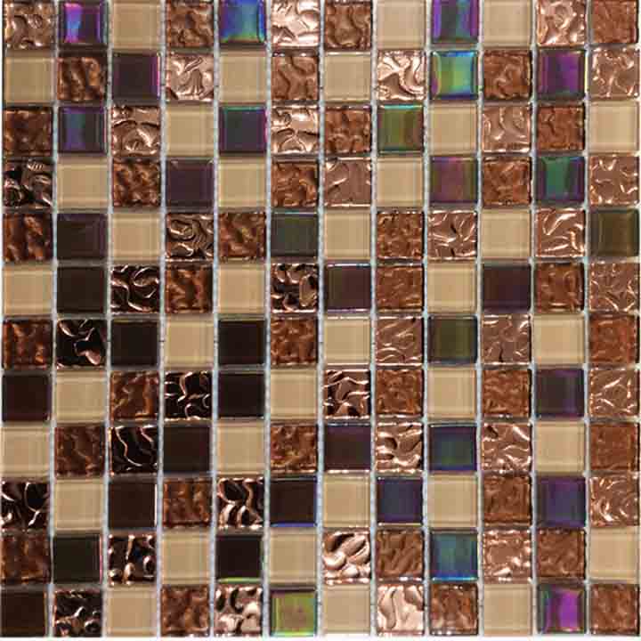 Malla o Mosaico Decorativo de vidrio PAR medida 30 x 30 cms. (base por altura). Diseño en tonos café, cobrizo, dorado y beige con detalles en relieve. Caja de 5 piezas..