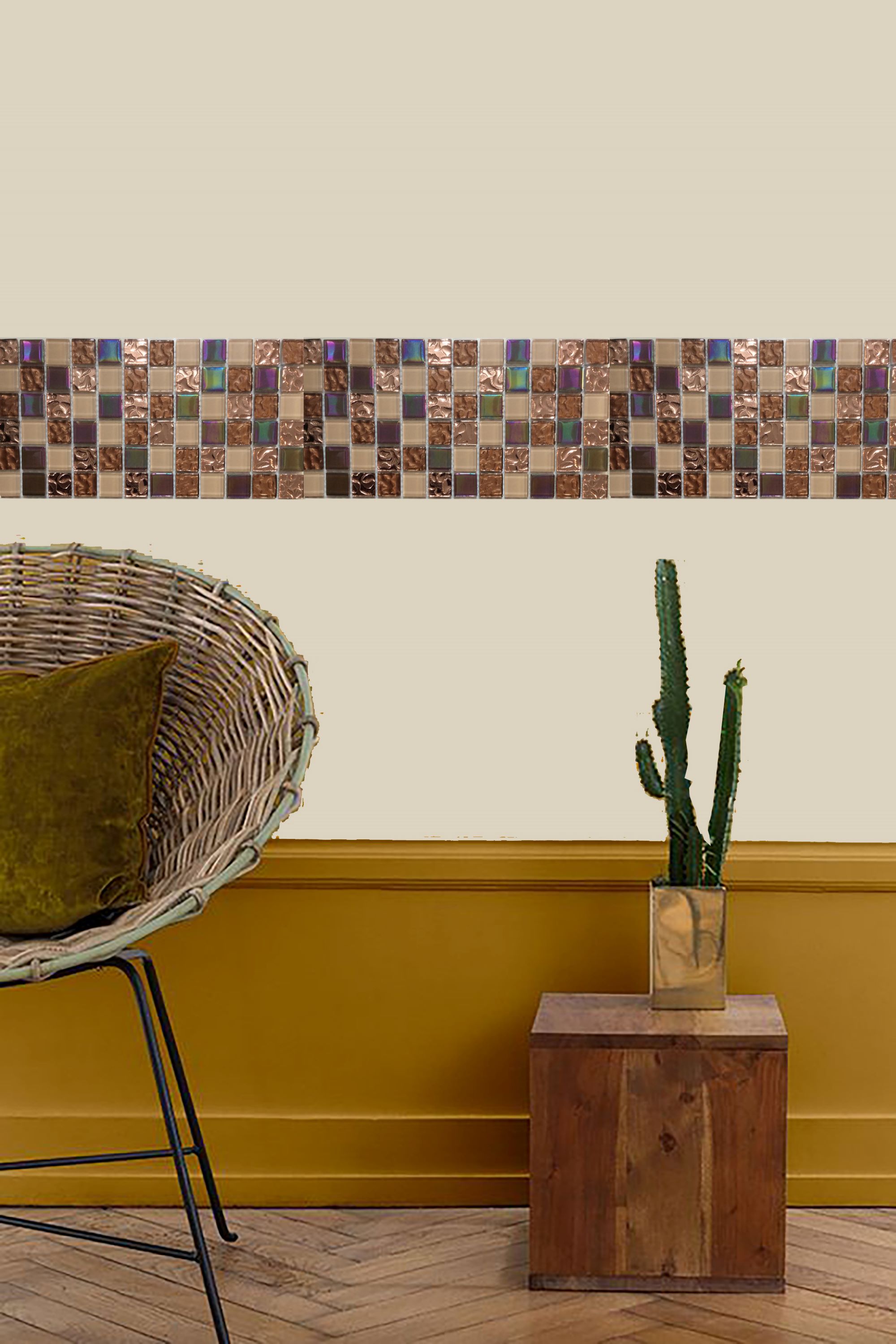 Malla o Mosaico Decorativo de vidrio PAR medida 30 x 30 cms. (base por altura). Diseño en tonos café, cobrizo, dorado y beige con detalles en relieve. Caja de 5 piezas..