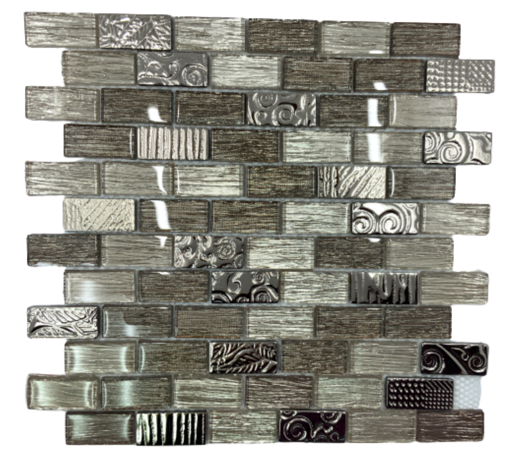 Malla o Mosaico Decorativo de vidrio KAR, medida 30 x 30 cms. (base por altura). Diseño en tonos plata con detalles en relieve. Caja de 5 piezas..