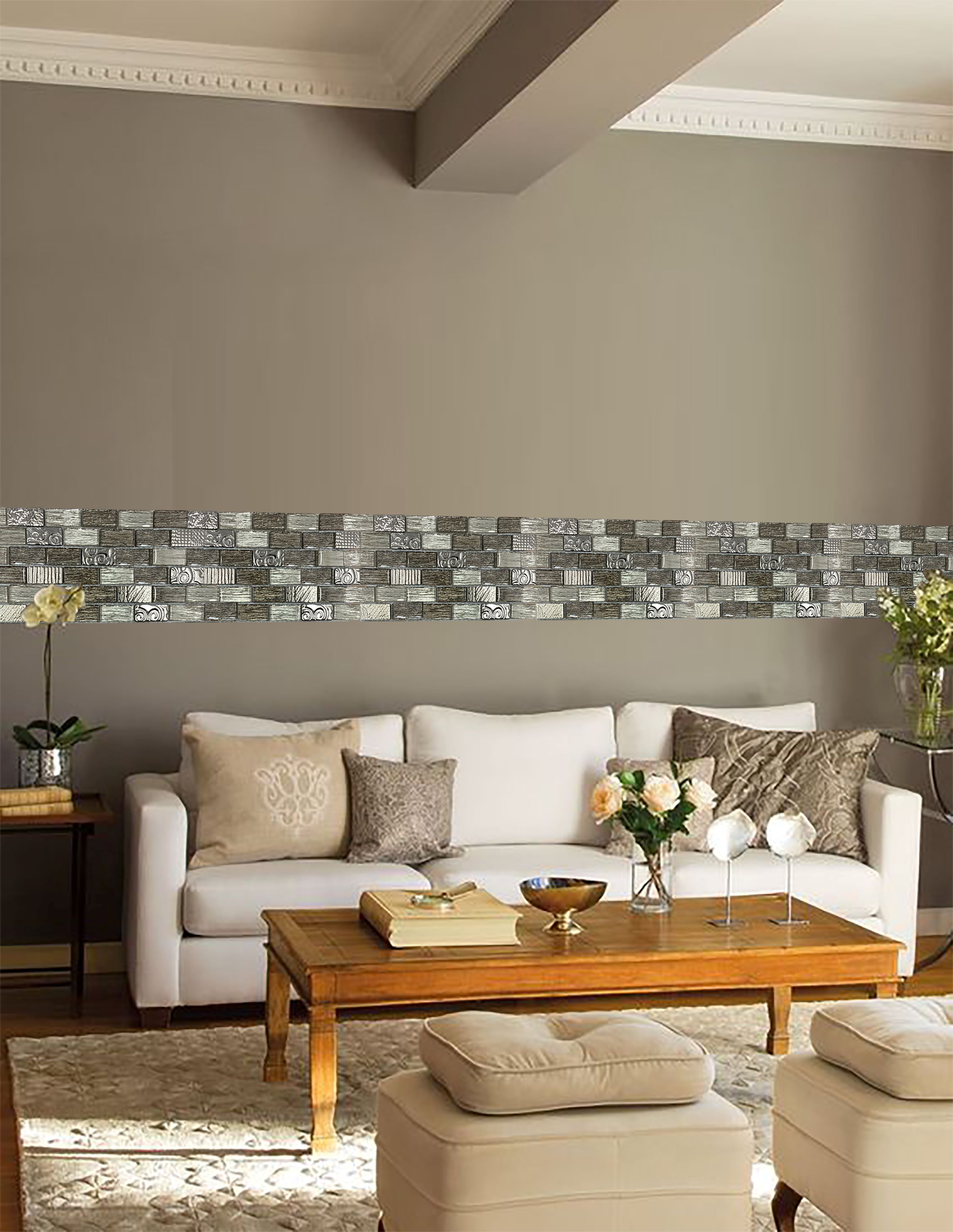 Malla o Mosaico Decorativo de vidrio KAR, medida 30 x 30 cms. (base por altura). Diseño en tonos plata con detalles en relieve. Caja de 5 piezas..