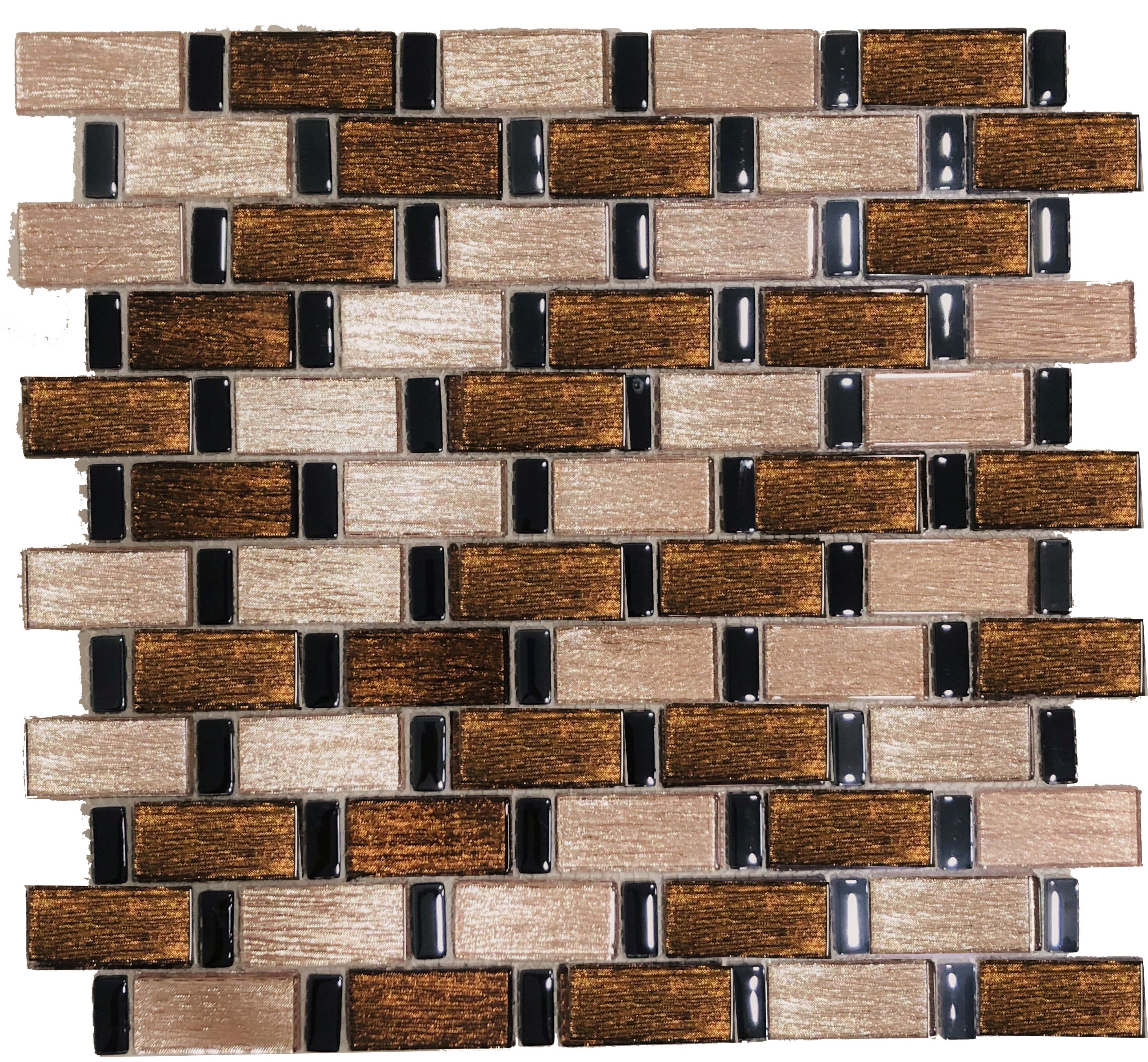 Malla o Mosaico Decorativo de vidrio MAC, medida 30 x 30.8 cms. (base por altura). Diseño en tonos cafés con diseños en acabado textil. Caja de 5 piezas.