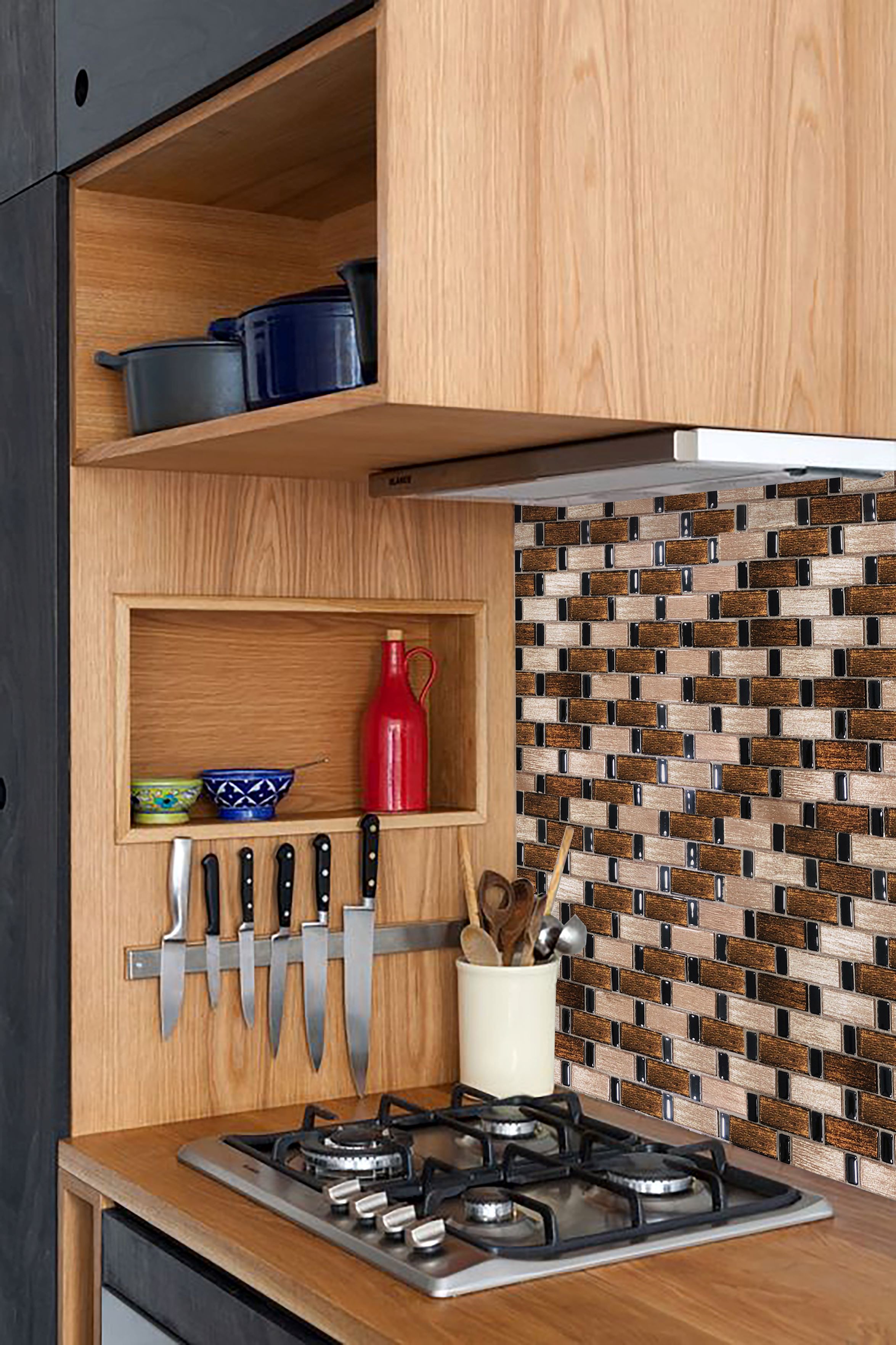 Malla o Mosaico Decorativo de vidrio MAC, medida 30 x 30.8 cms. (base por altura). Diseño en tonos cafés con diseños en acabado textil. Caja de 5 piezas.