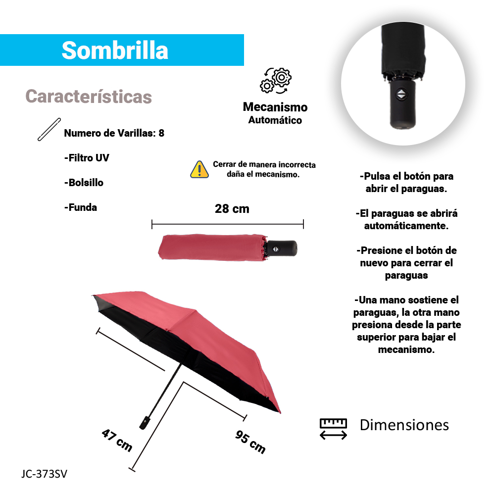 Paraguas de bolsillo Reforzado con 8 Varillas Resistente a Vientos y Lluvias Fuertes, Mango Ergonómico y automático.