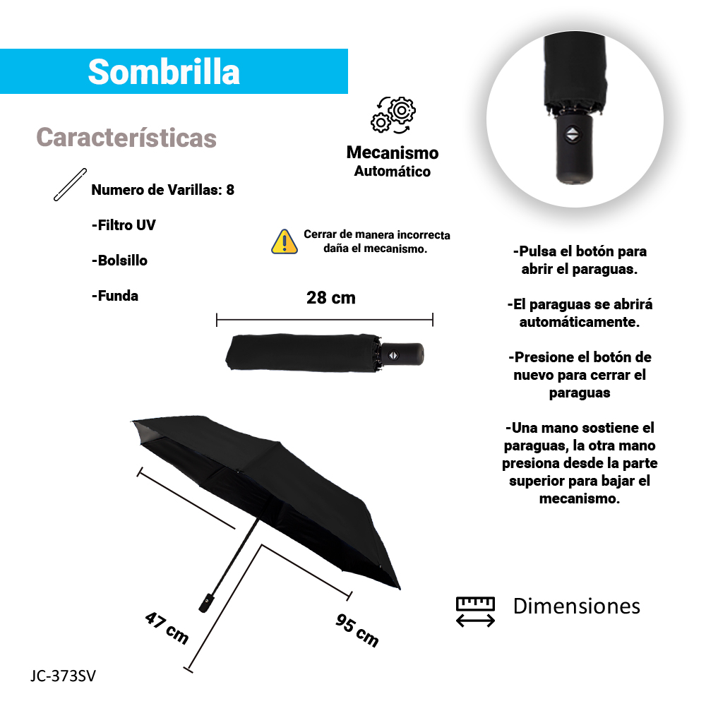 Paraguas de bolsillo Reforzado con 8 Varillas Resistente a Vientos y Lluvias Fuertes, Mango Ergonómico y automático.
