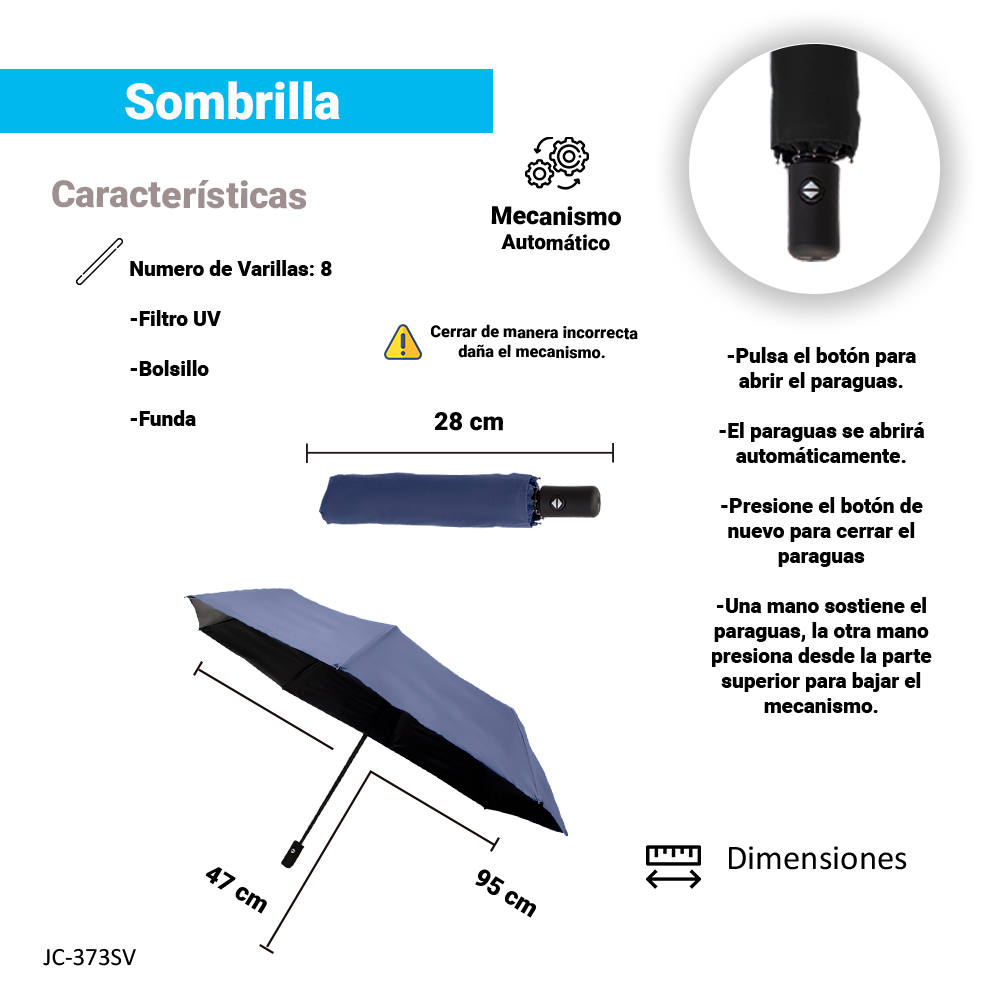 Paraguas de bolsillo Reforzado con 8 Varillas Resistente a Vientos y Lluvias Fuertes, Mango Ergonómico y automático.