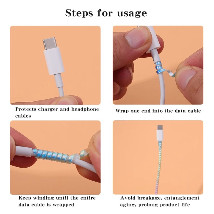 Espiral Protector Cubierta Cable Datos Usb Color Estilo Metálico Brillante Plata
