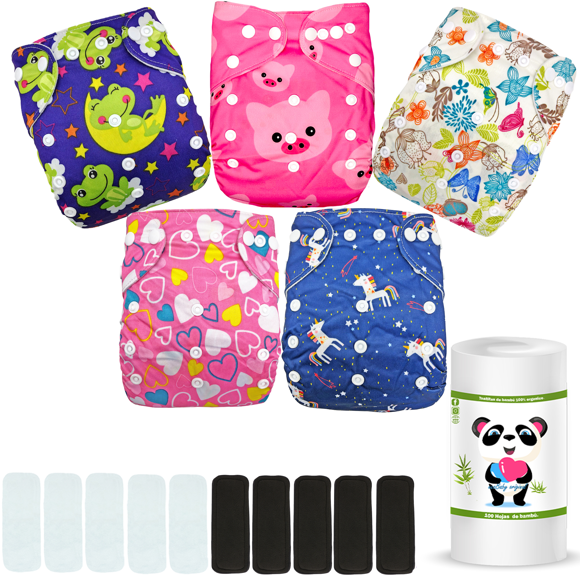 Pañales ecológicos de tela para bebes con insertos nocturnos mas rollo ecobaby original.