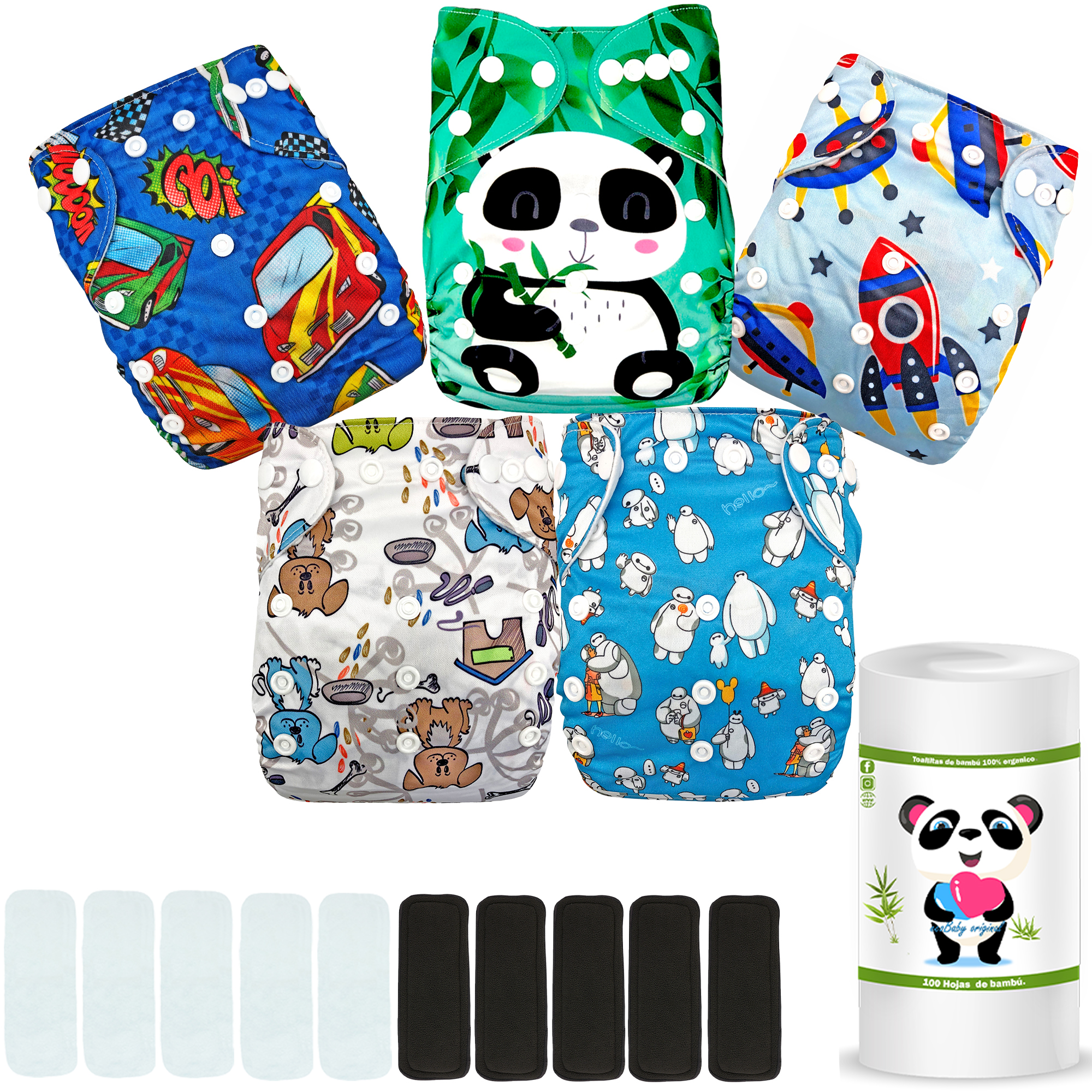 Pañales ecológicos de tela para bebes con insertos nocturnos mas rollo ecobaby original.