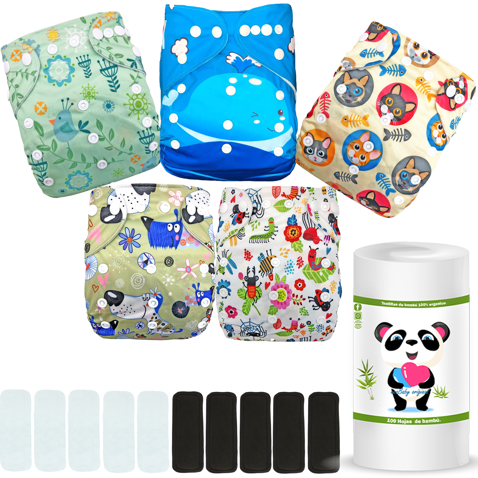 Pañales ecológicos de tela para bebes con insertos nocturnos mas rollo ecobaby original.