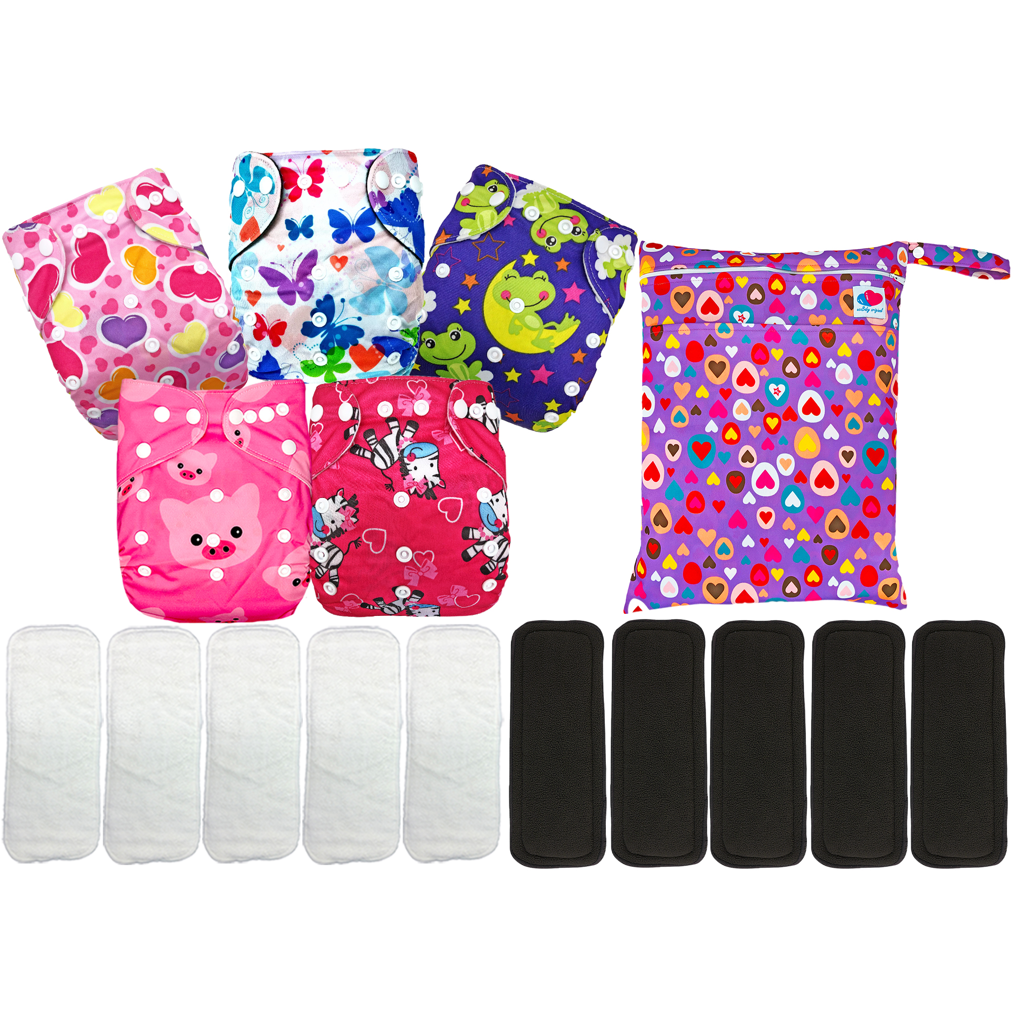 pañales ecológicos de tela para bebes con insertos noctunos más wetbag ecobaby original.