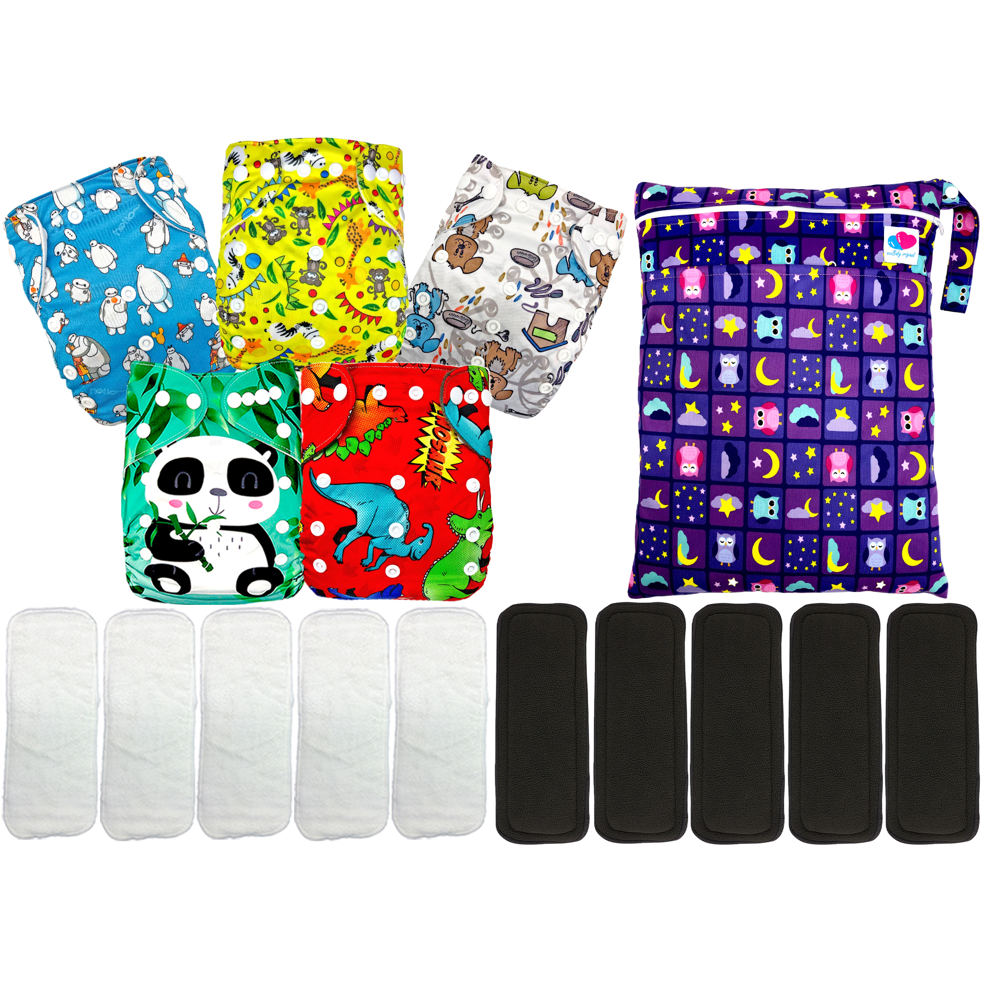 pañales ecológicos de tela para bebes con insertos noctunos más wetbag ecobaby original.
