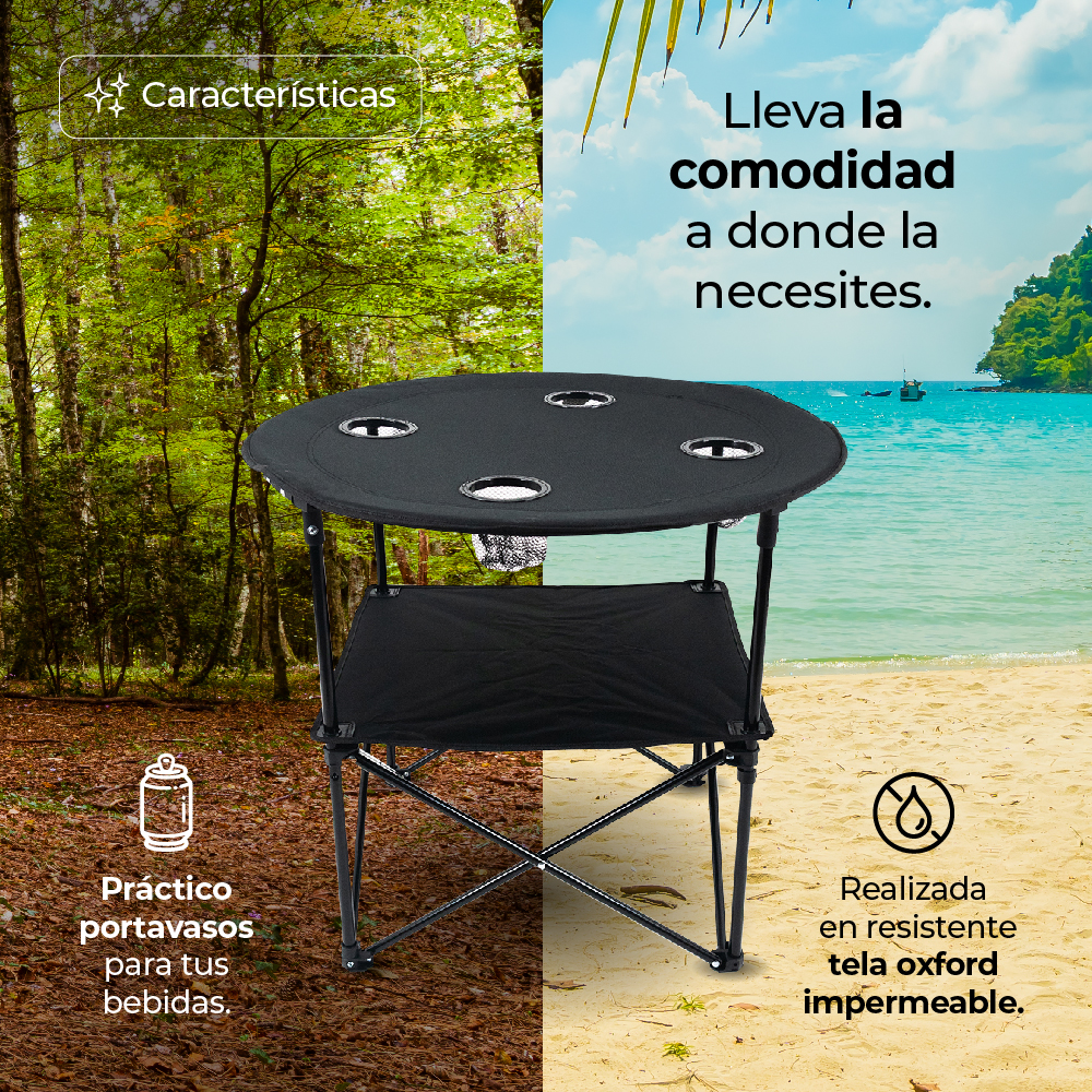 Mesa Plegable para Camping con Portavasos Negro, 72x72x65 cm, De Tela Oxford para Día De Campo, De Ocio, Acampar, Playa, Ligera, Compacta, Fácil Instalación.
