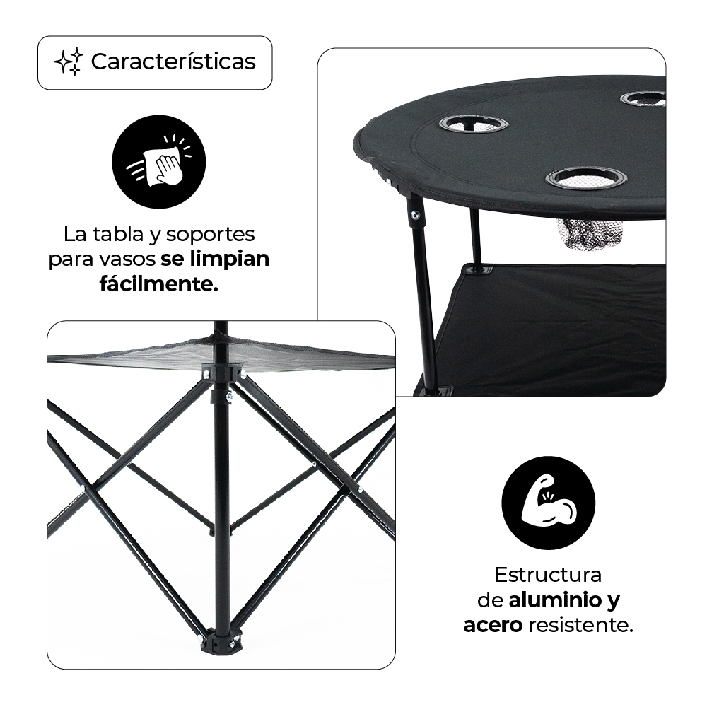 Mesa Plegable para Camping con Portavasos Negro, 72x72x65 cm, De Tela Oxford para Día De Campo, De Ocio, Acampar, Playa, Ligera, Compacta, Fácil Instalación.