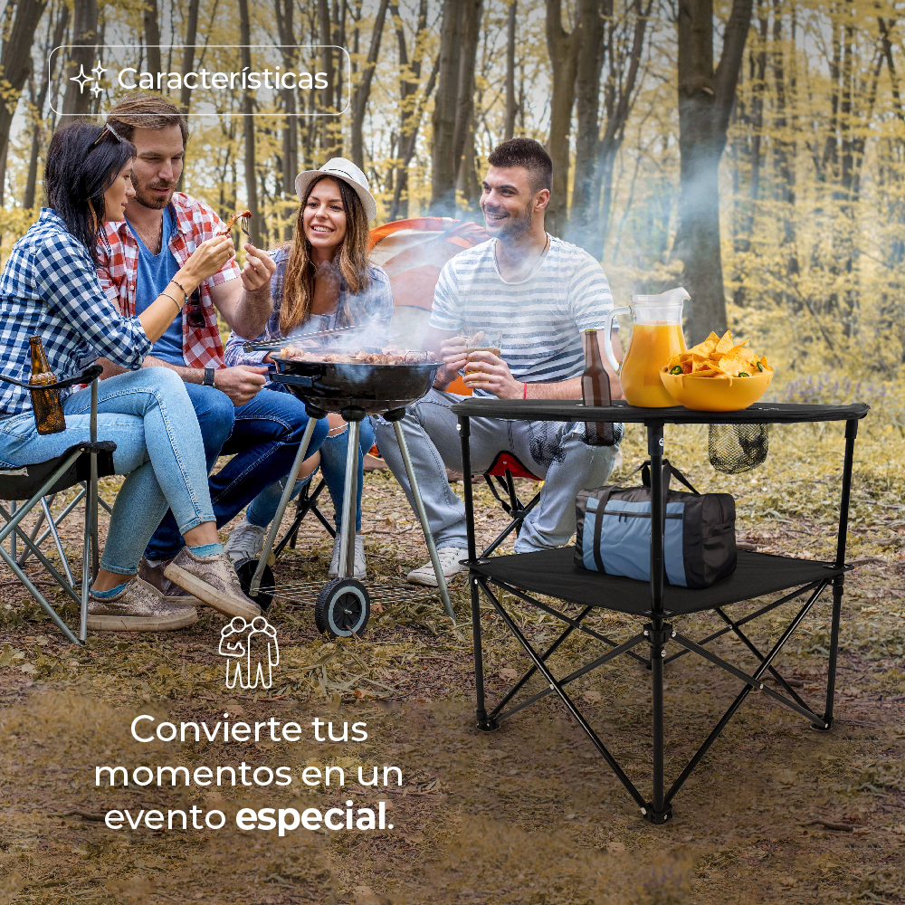 Mesa Plegable para Camping con Portavasos Negro, 72x72x65 cm, De Tela Oxford para Día De Campo, De Ocio, Acampar, Playa, Ligera, Compacta, Fácil Instalación.