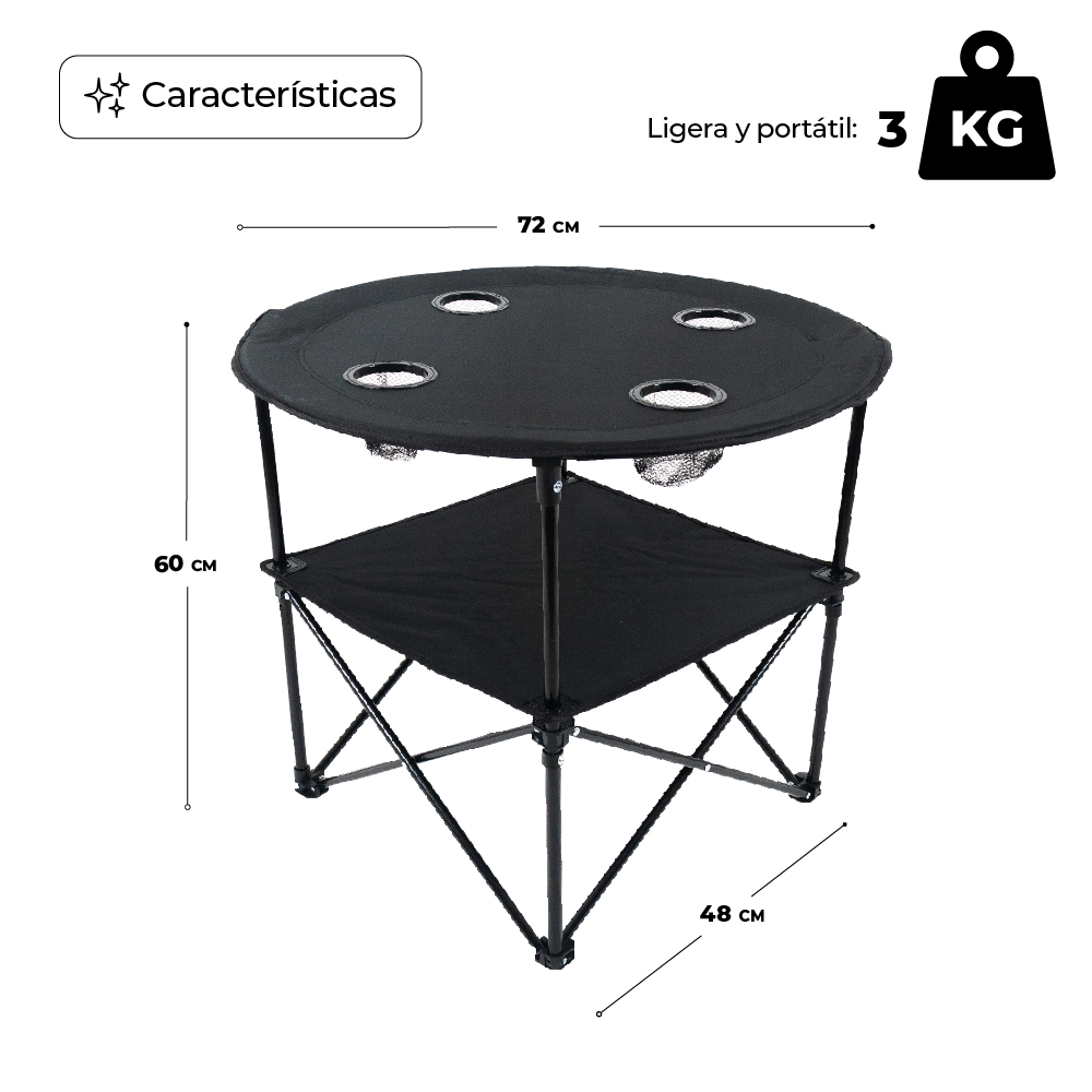 Mesa Plegable para Camping con Portavasos Negro, 72x72x65 cm, De Tela Oxford para Día De Campo, De Ocio, Acampar, Playa, Ligera, Compacta, Fácil Instalación.