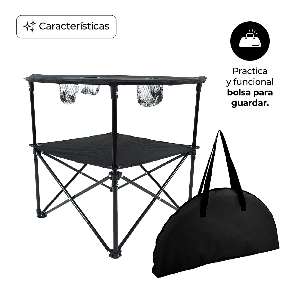 Mesa Plegable para Camping con Portavasos Negro, 72x72x65 cm, De Tela Oxford para Día De Campo, De Ocio, Acampar, Playa, Ligera, Compacta, Fácil Instalación.