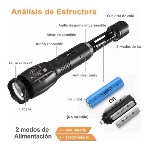 Linterna Led Recargable T6 Luz Táctica Portátil De Alta Potencia Zoom Telescópico, Linterna De Modo De Cinco Marchas, Adecuada Para Pesca, Equitación Nocturna, Camping, Senderismo Y Montañismo