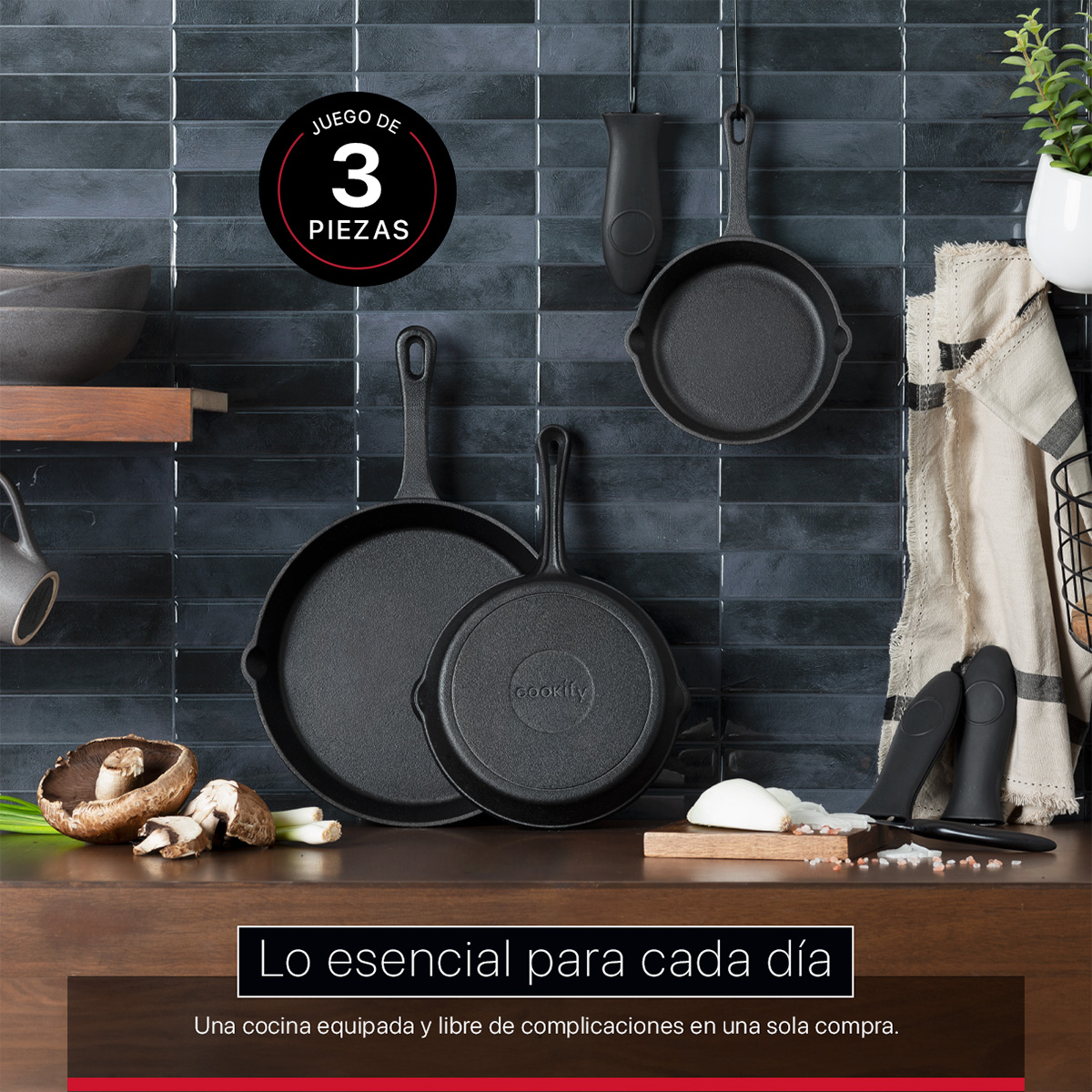 Juego Set con 3 Sartenes de Hierro Fundido Precurados Negro Cookify.