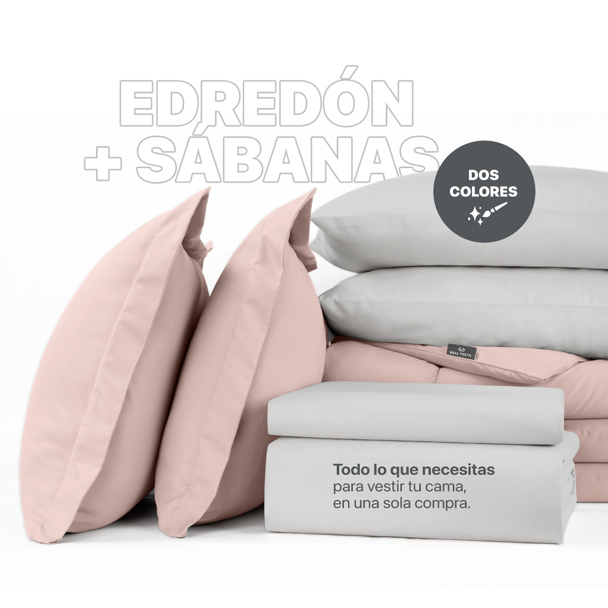 Set Edredón Matrimonial con Fundas y Sábanas 7 Pzas  Rosa/Gris Real Textil