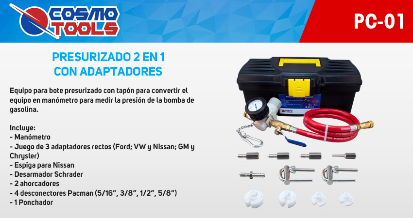 Presurizado 2 en 1 para limpieza de inyectores Boya automotriz PC-01.