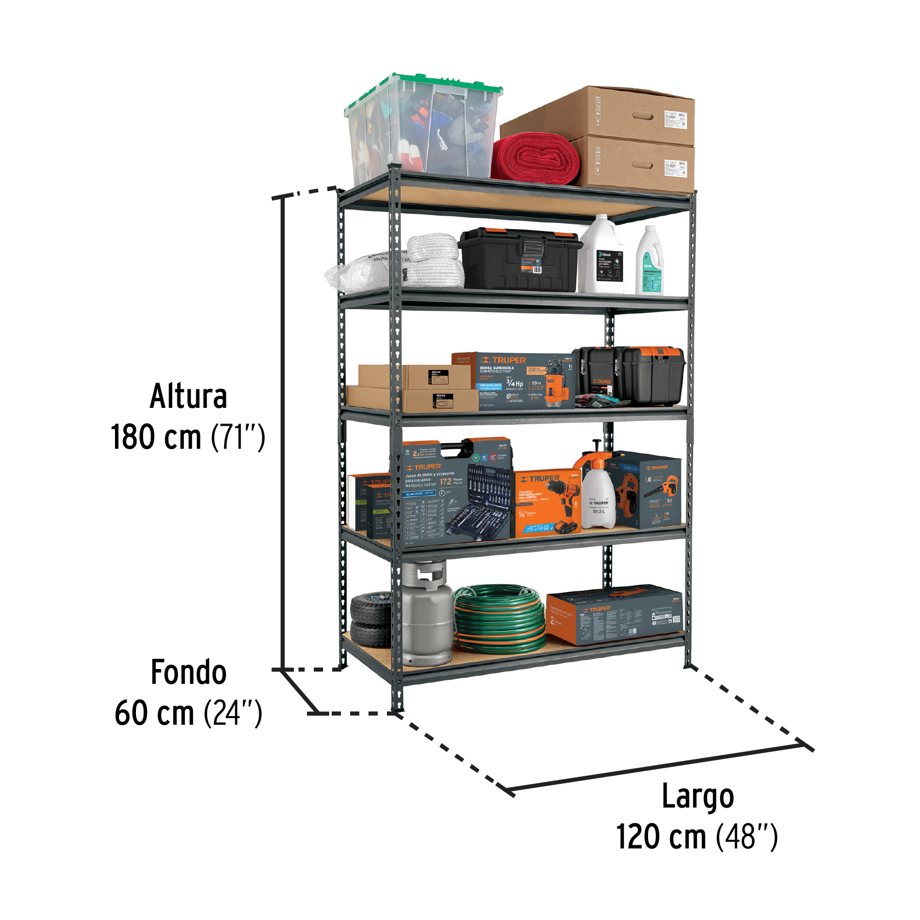 Estante rack Industrial o comercial, metálico 5 repisas, con capacidad de 300 kg, para cocina, taller, almacén o bodega