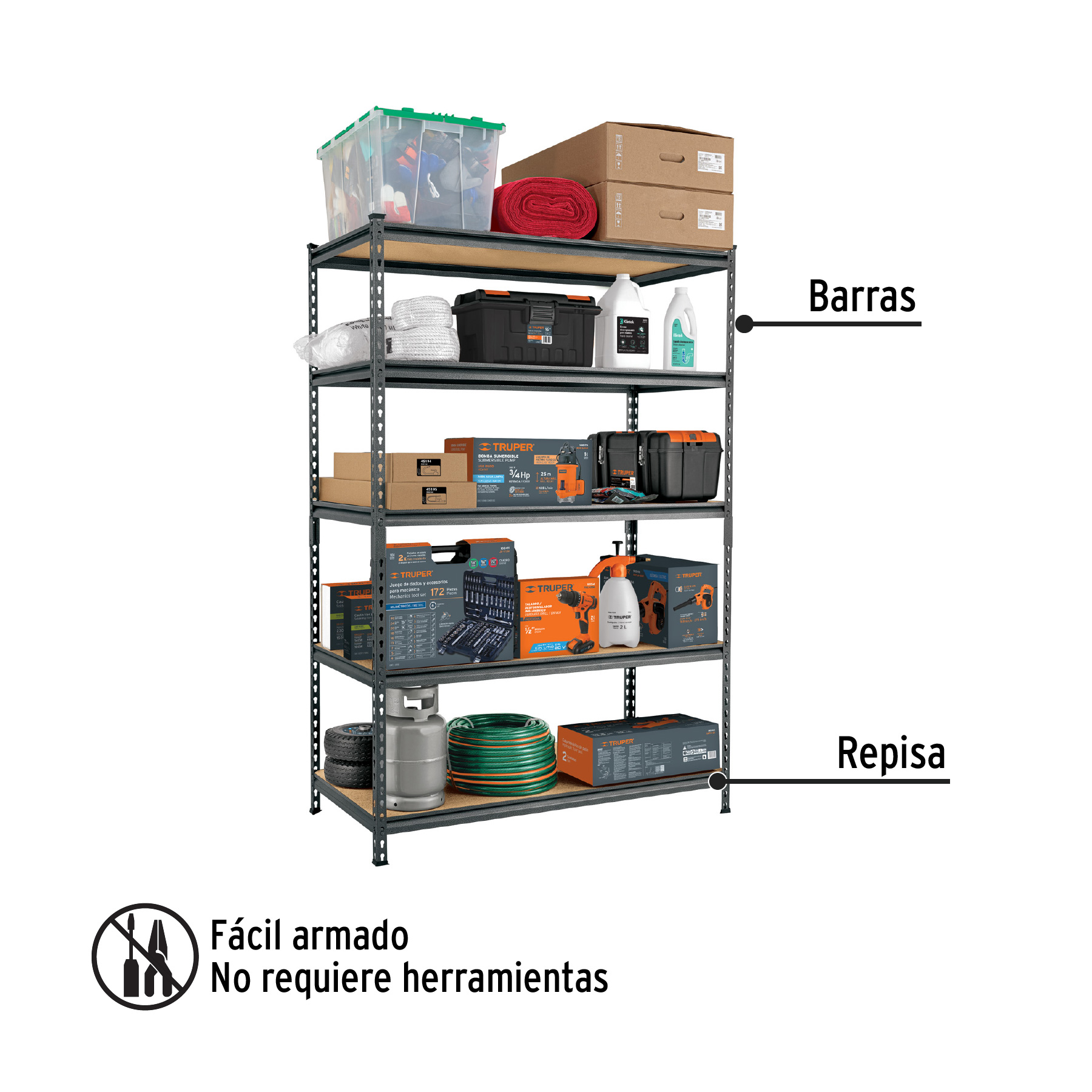 Estante rack Industrial o comercial, metálico 5 repisas, con capacidad de 300 kg, para cocina, taller, almacén o bodega