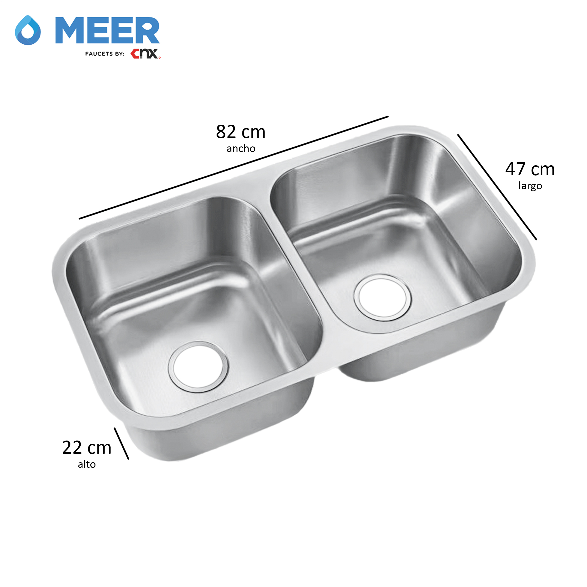 Tarja doble para Submontar en Acero Inoxidable con Medidas de 82 cm * 47 cm, Calibre 22