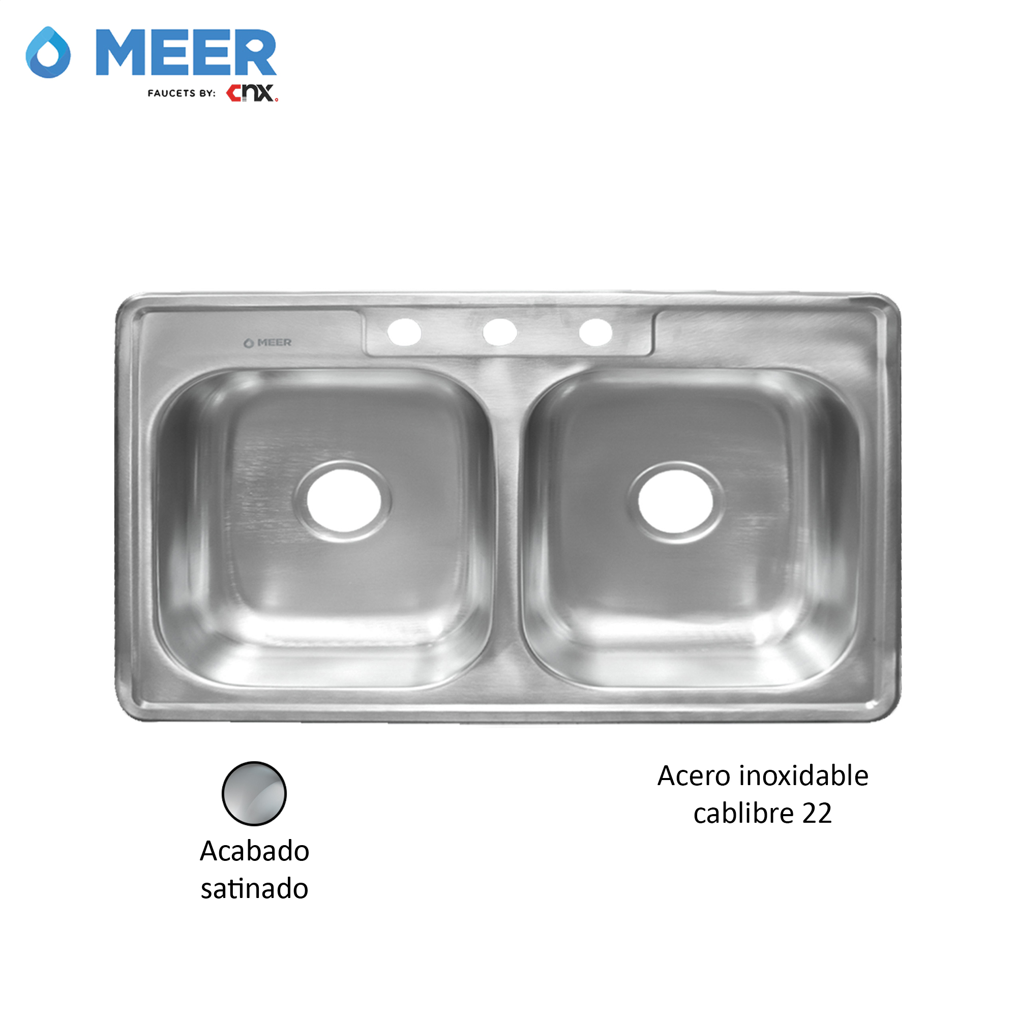 MEER Faucets by CNX | Tarja Doble de Acero Inoxidable Satinado. Fregadero para Cocina para Empotrar, 84 x 56 x 15 cm