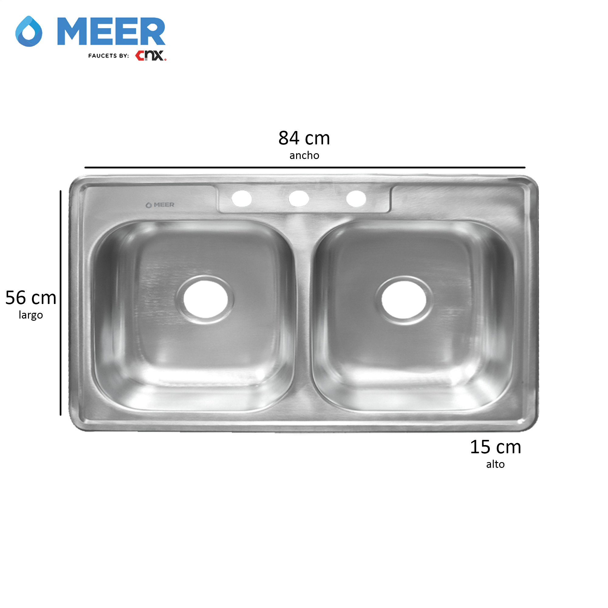 MEER Faucets by CNX | Tarja Doble de Acero Inoxidable Satinado. Fregadero para Cocina para Empotrar, 84 x 56 x 15 cm
