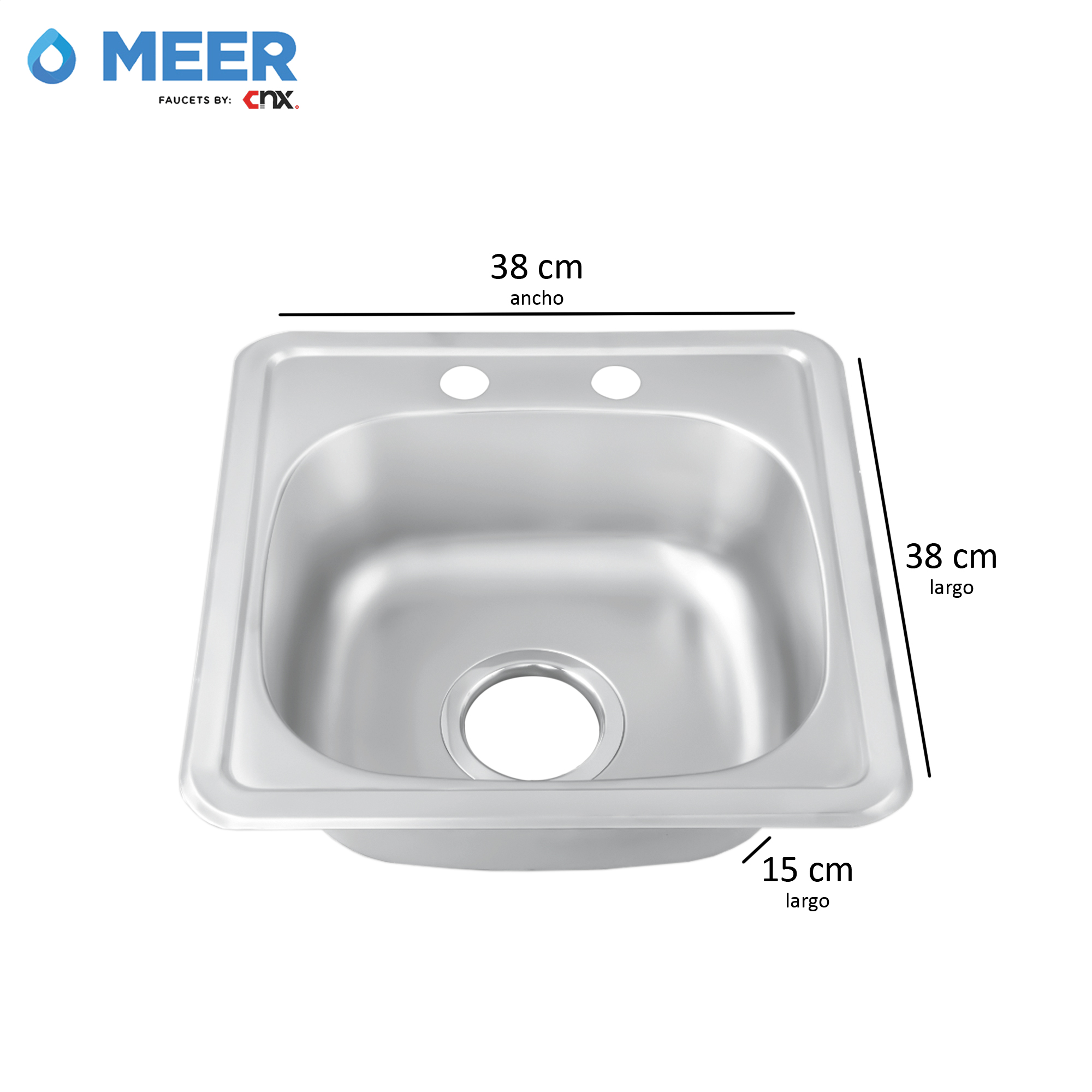 MEER Faucets by CNX | Tarja Sencilla de Acero Inoxidable Satinado, Fregadero para Cocina para Empotrar, 38 x 38 x 15 cm