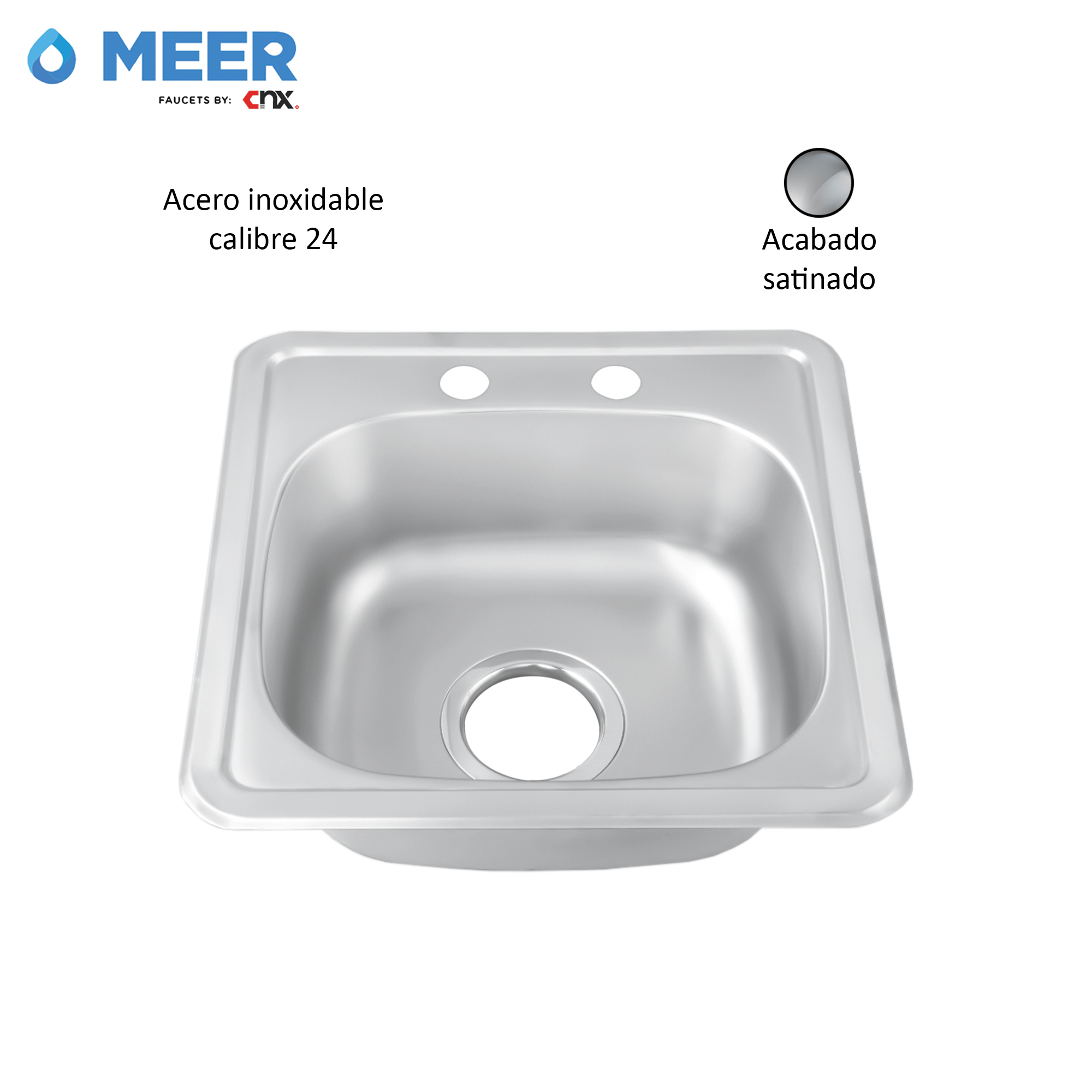 MEER Faucets by CNX | Tarja Sencilla de Acero Inoxidable Satinado, Fregadero para Cocina para Empotrar, 38 x 38 x 15 cm
