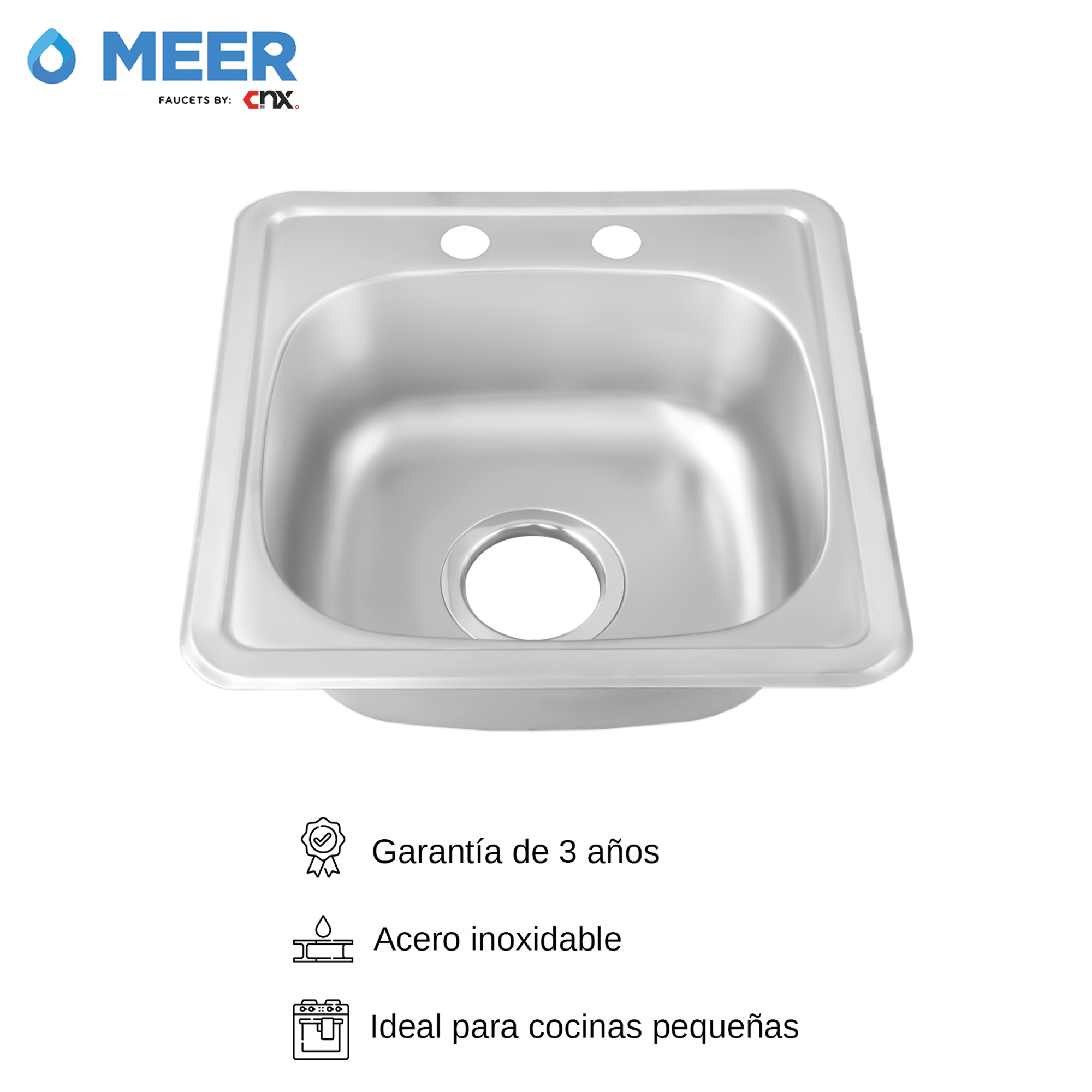 MEER Faucets by CNX | Tarja Sencilla de Acero Inoxidable Satinado, Fregadero para Cocina para Empotrar, 38 x 38 x 15 cm