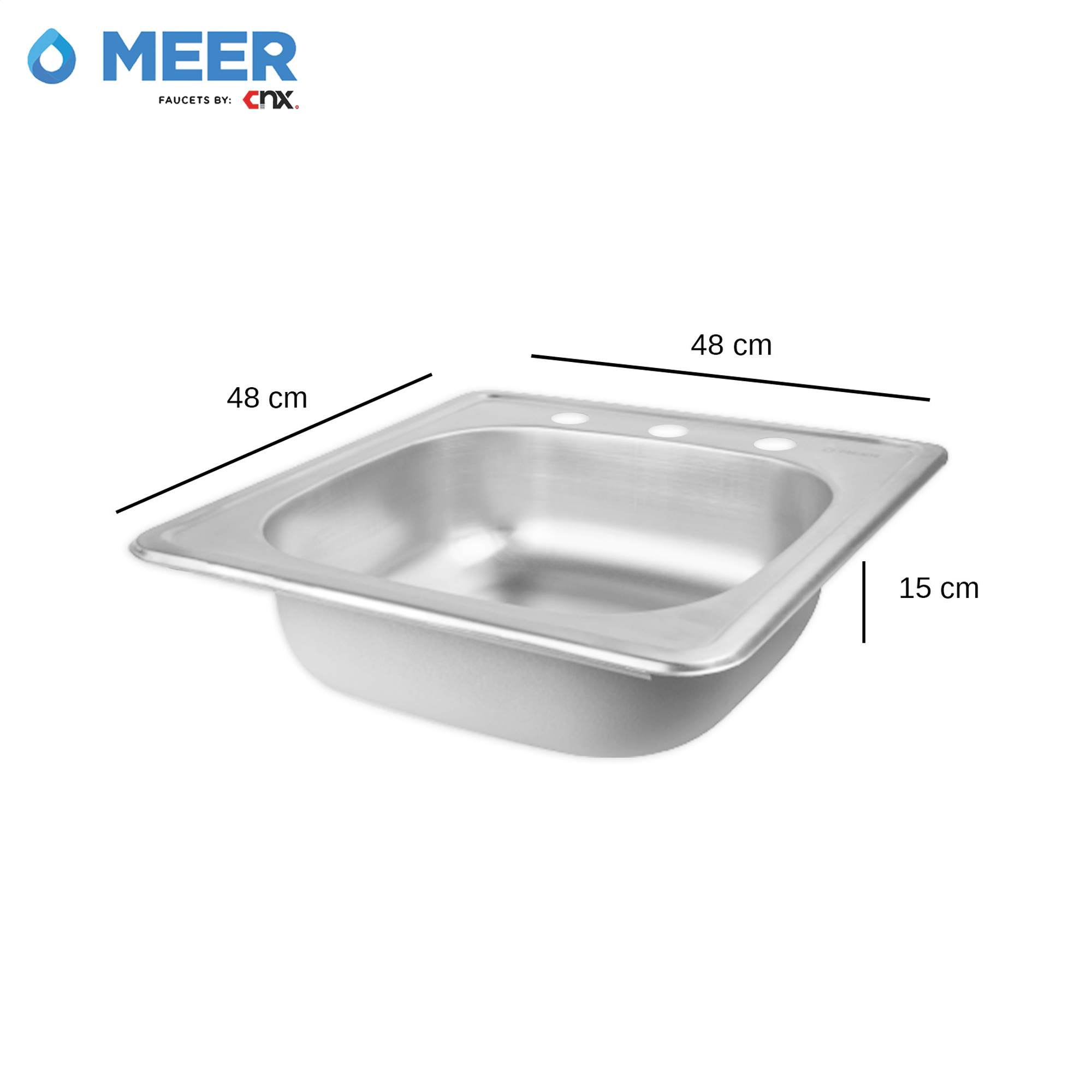 MEER Faucets by CNX | Tarja Sencilla de Acero Inoxidable Satinado, Fregadero para Cocina para Empotrar, 48 x 48 x 15 cm