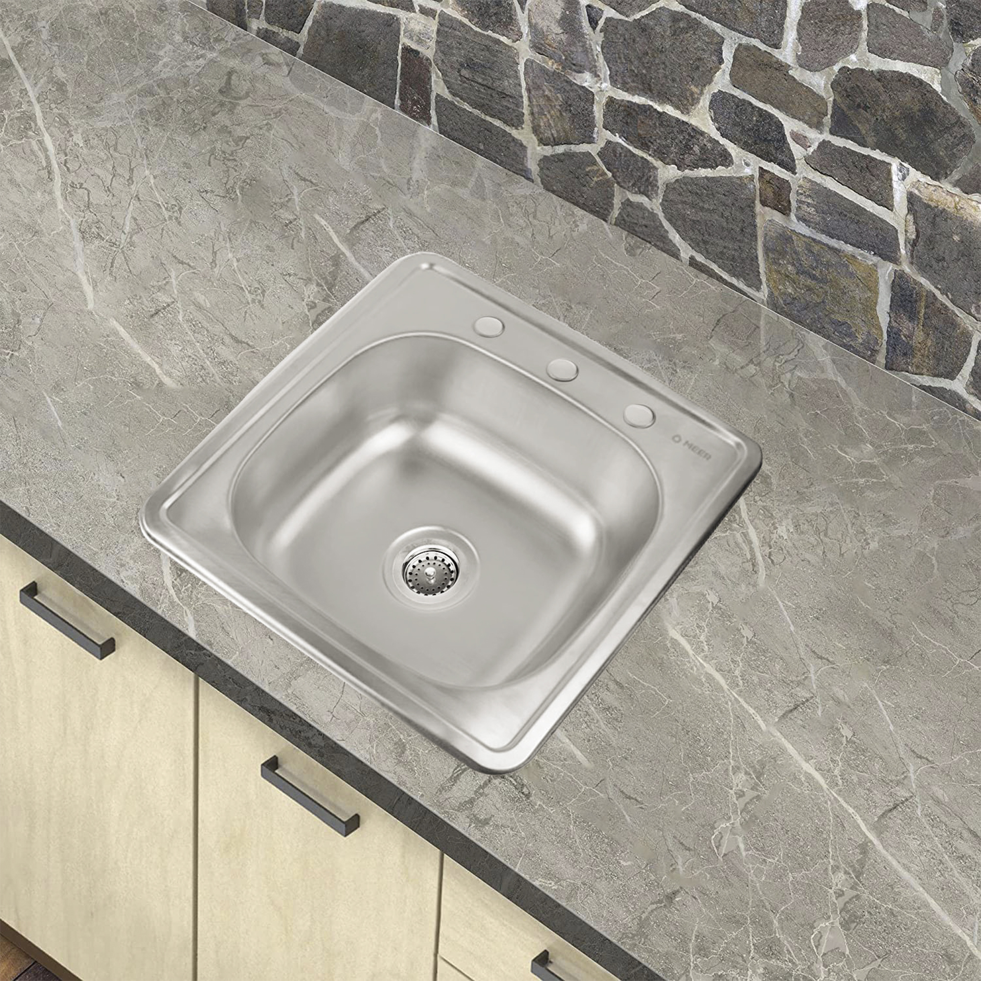 MEER Faucets by CNX | Tarja Sencilla de Acero Inoxidable Satinado, Fregadero para Cocina para Empotrar, 48 x 48 x 15 cm