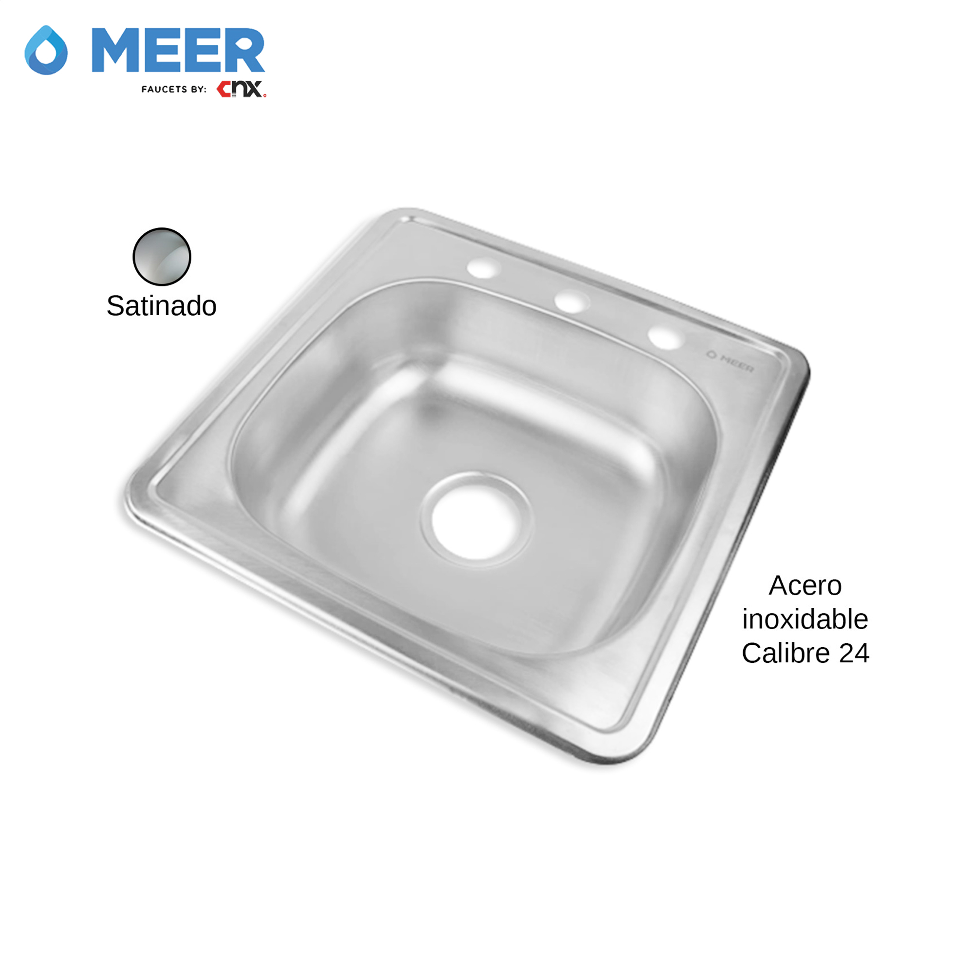 MEER Faucets by CNX | Tarja Sencilla de Acero Inoxidable Satinado, Fregadero para Cocina para Empotrar, 48 x 48 x 15 cm