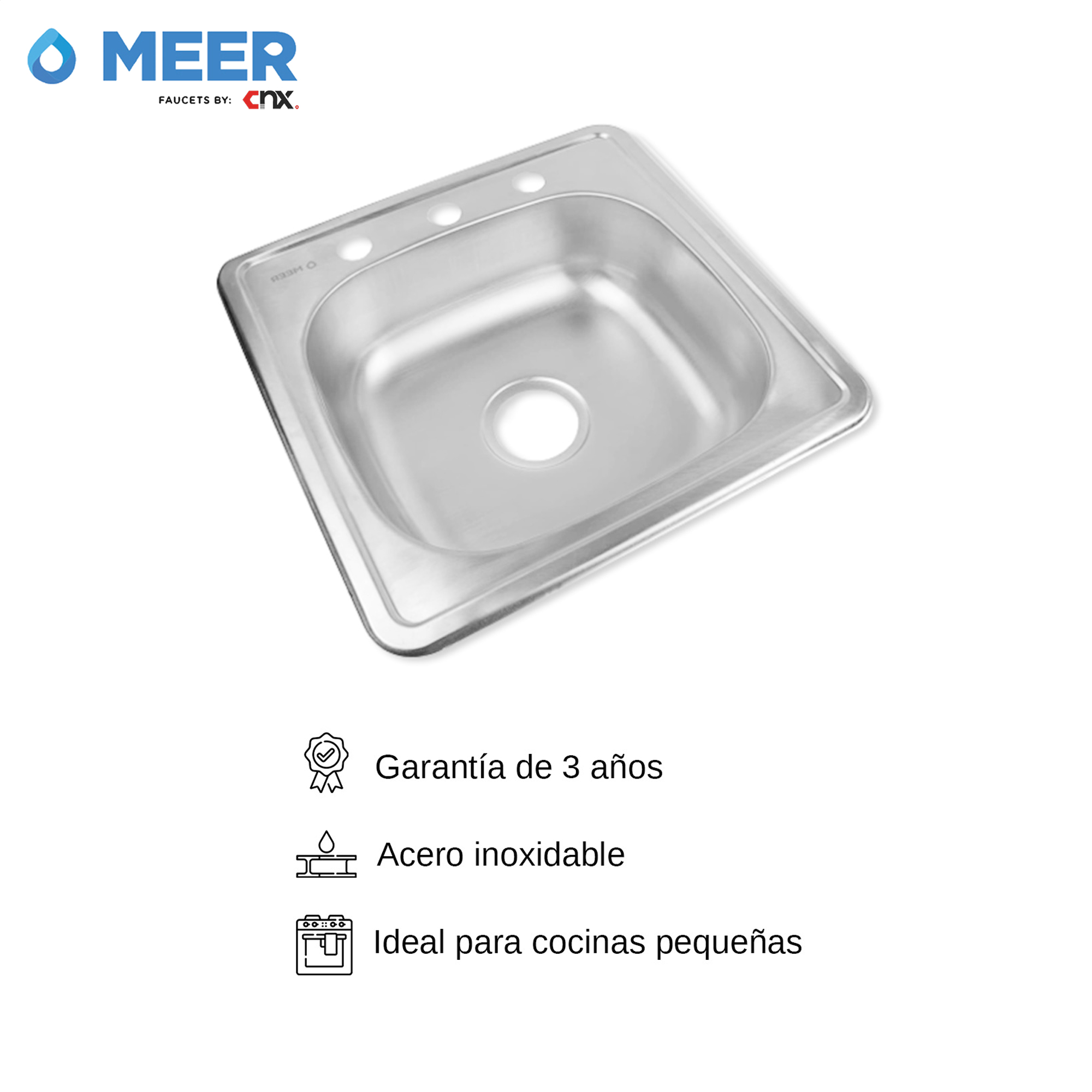 MEER Faucets by CNX | Tarja Sencilla de Acero Inoxidable Satinado, Fregadero para Cocina para Empotrar, 48 x 48 x 15 cm