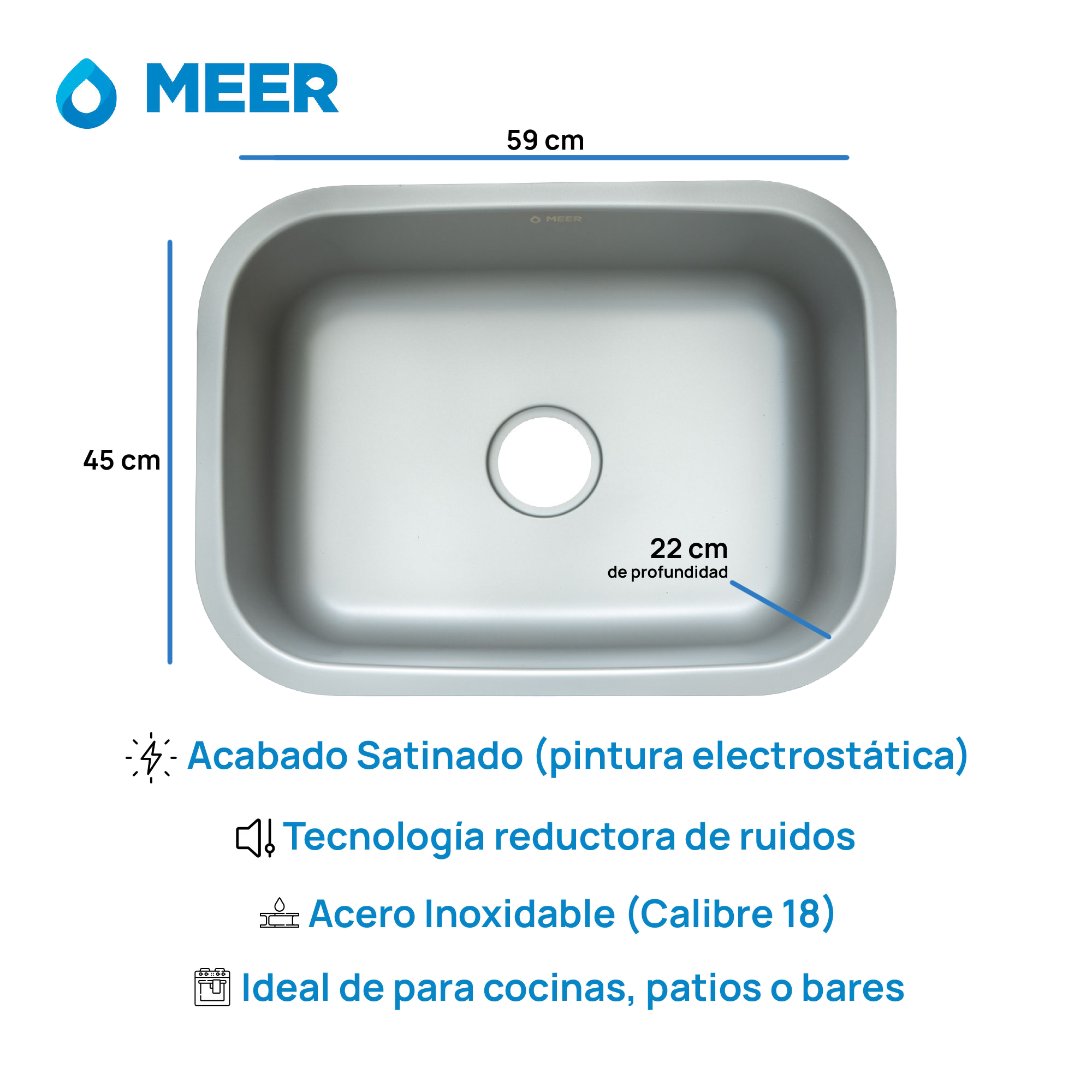 MEER Faucets by CNX | Fregadero para Cocina de Acero Inoxidable Calibre 18 para Submontar, Tarja Sencilla Satinada, 59 x 45 x 22 cm