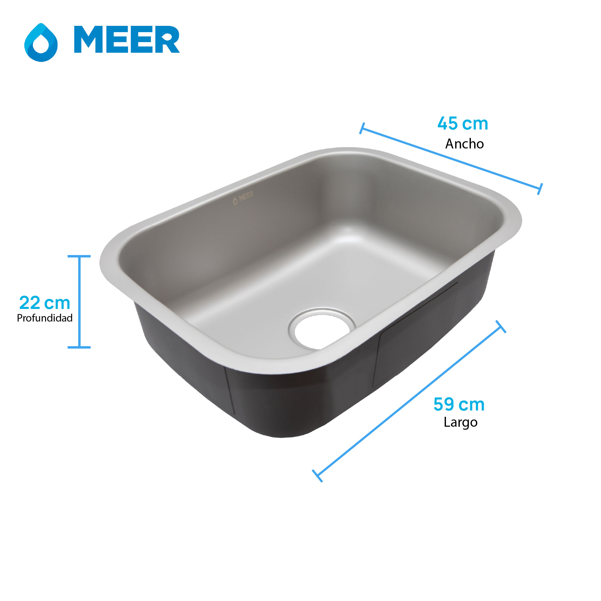 MEER Faucets by CNX | Fregadero para Cocina de Acero Inoxidable Calibre 18 para Submontar, Tarja Sencilla Satinada, 59 x 45 x 22 cm